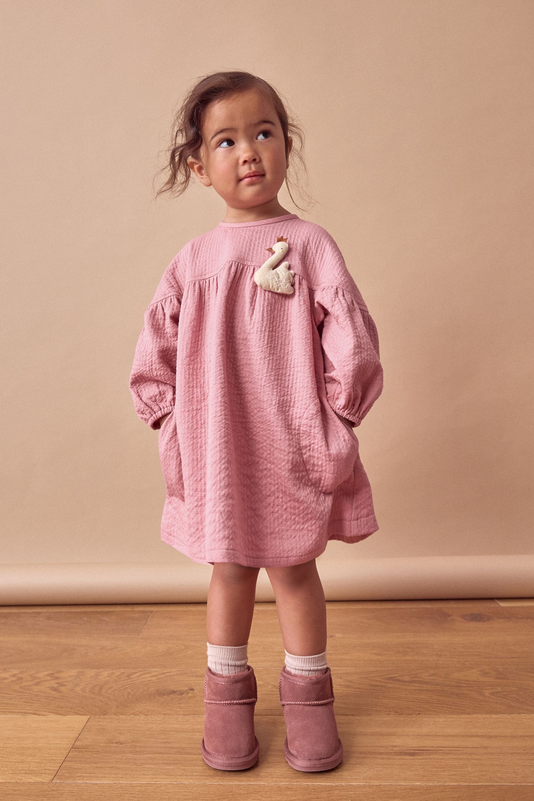 Pink Swan Character Textured 100% Cotton Dress (3mths-8yrs)