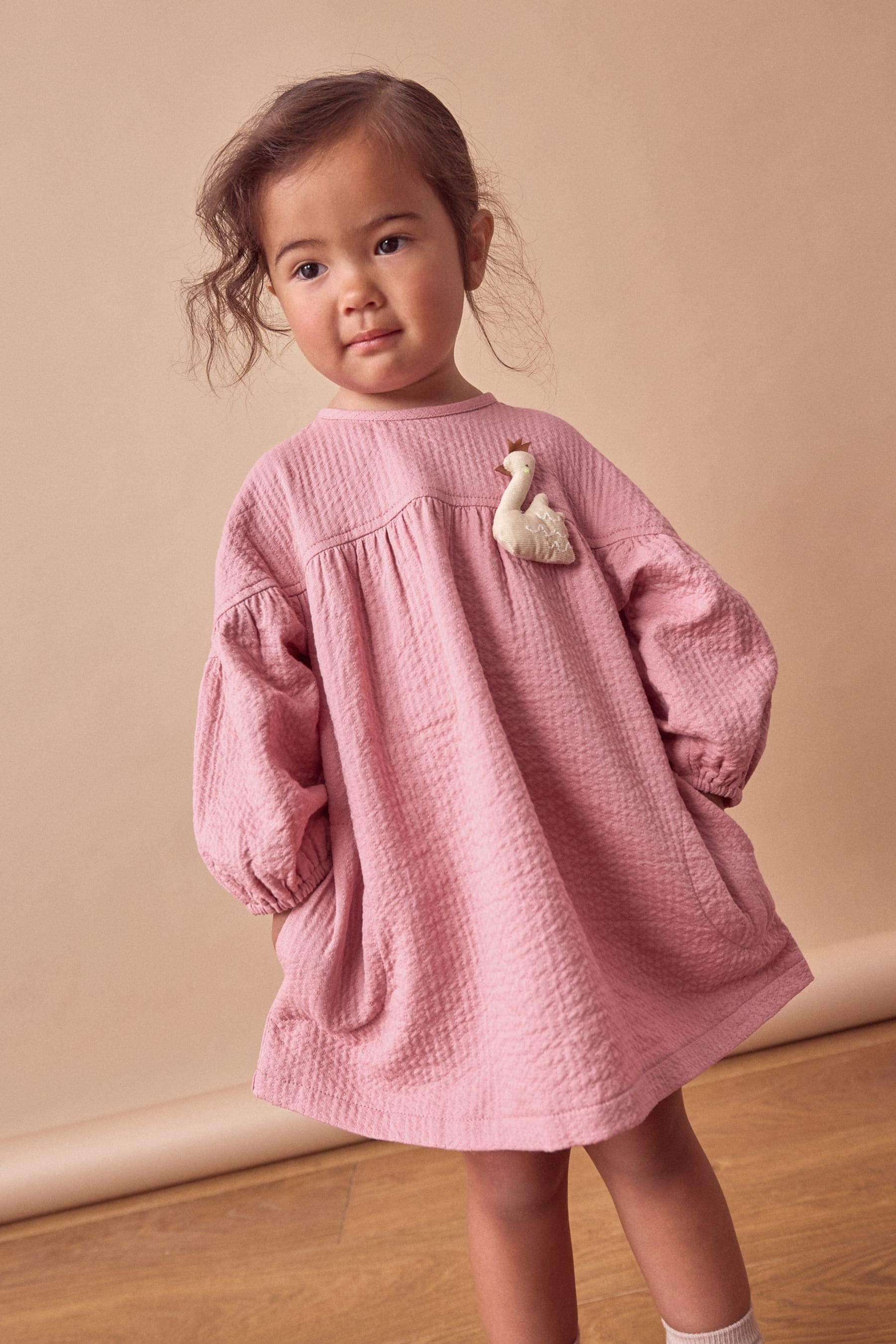 Pink Swan Character Textured 100% Cotton Dress (3mths-8yrs)