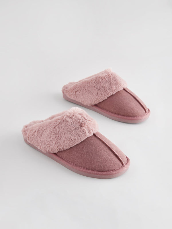 Mink Pink Suede Faux Fur Lined Mule Slippers