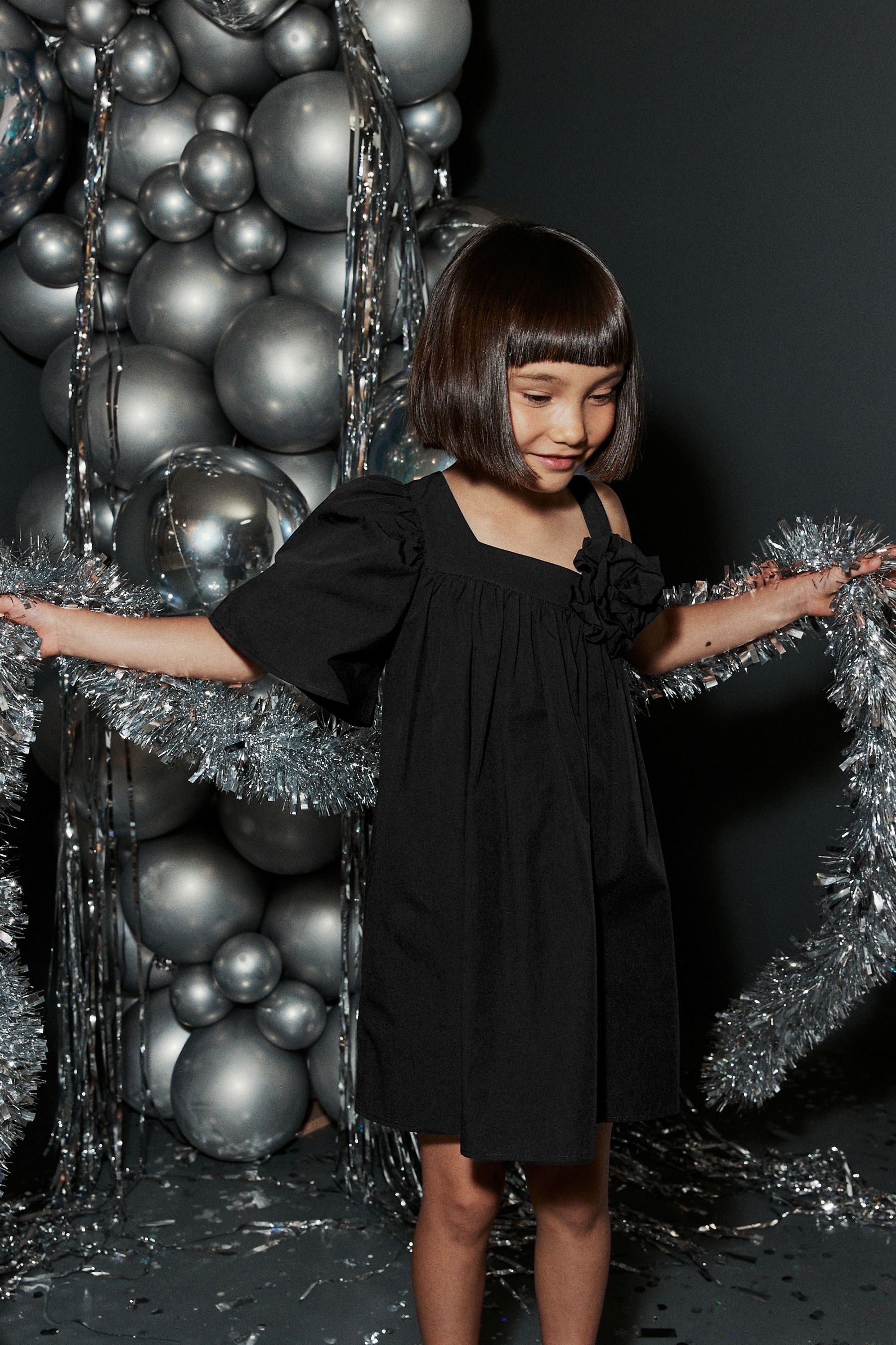 Black One Shoulder Corsage Party Dress (3-16yrs)