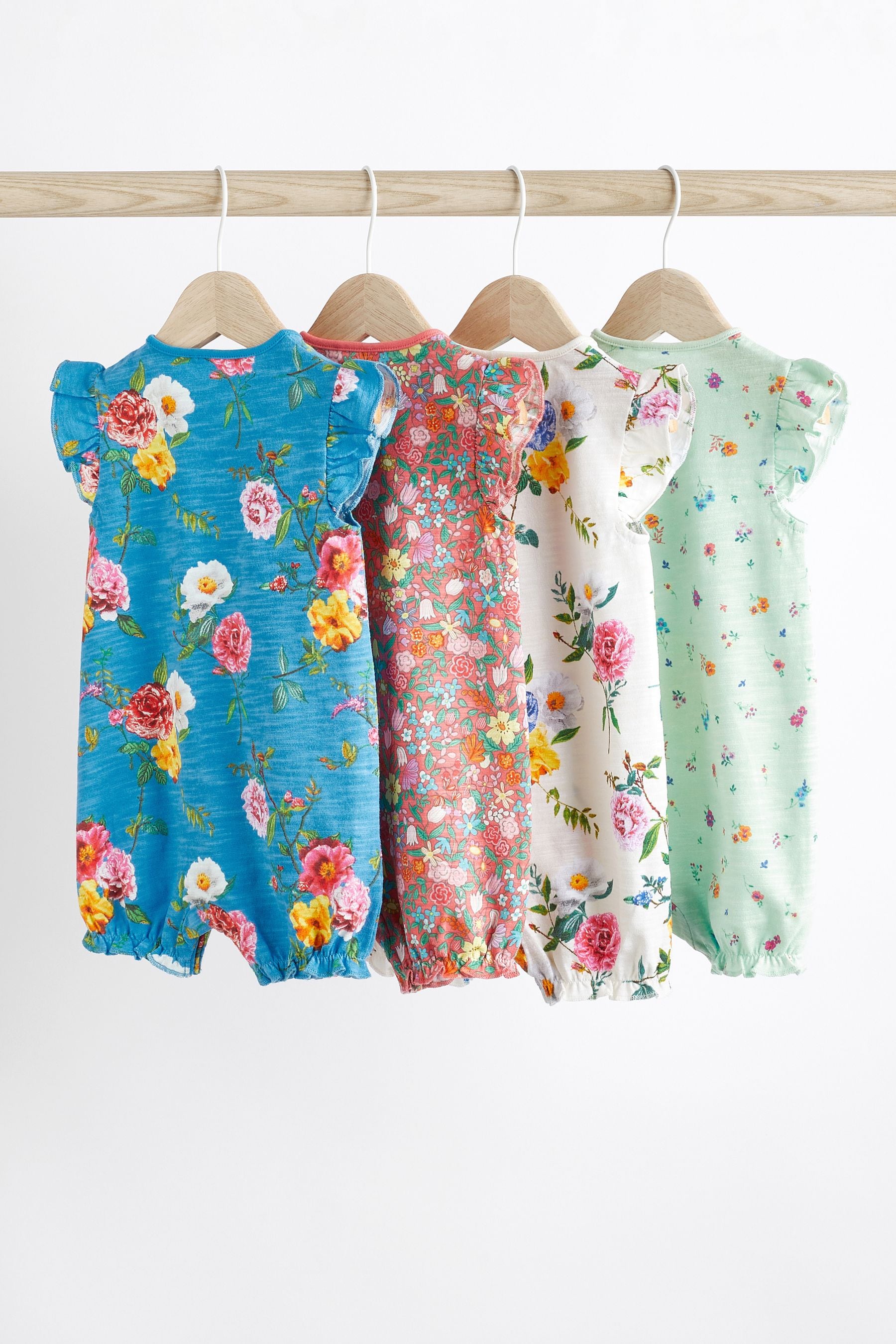 Green/Blue/Red Floral Baby Rompers 4 Pack