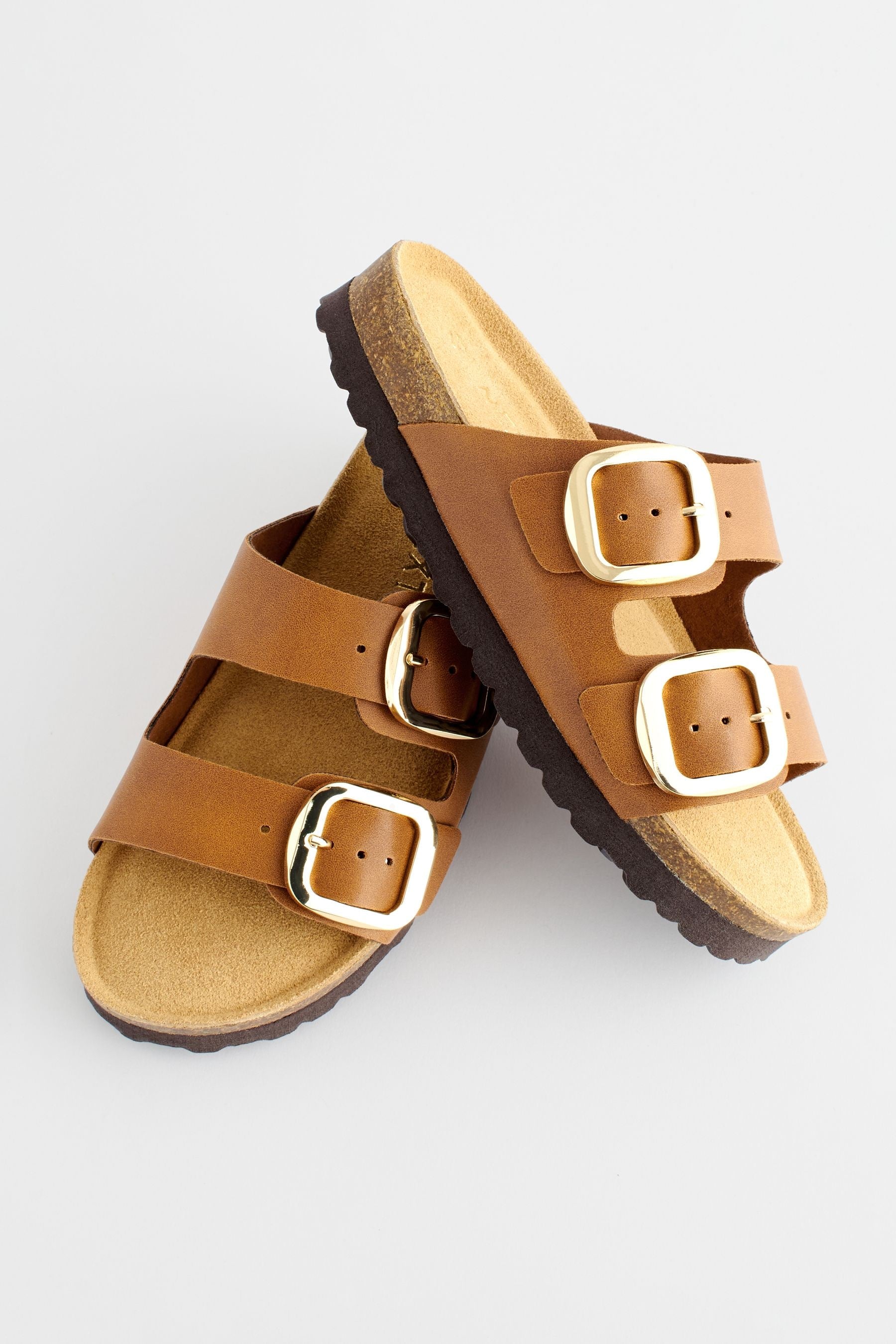 Tan Brown Corkbed Double Strap Sandals