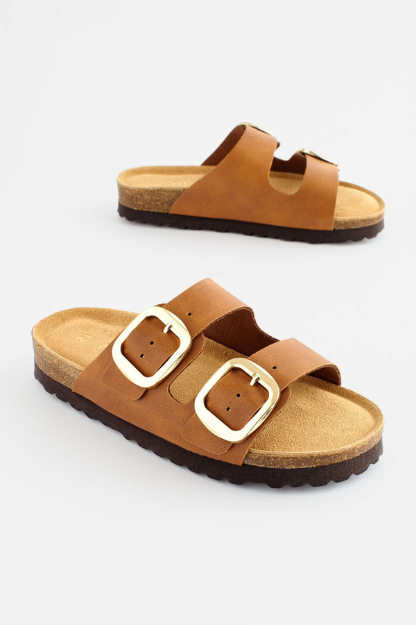 Tan Brown Corkbed Double Strap Sandals