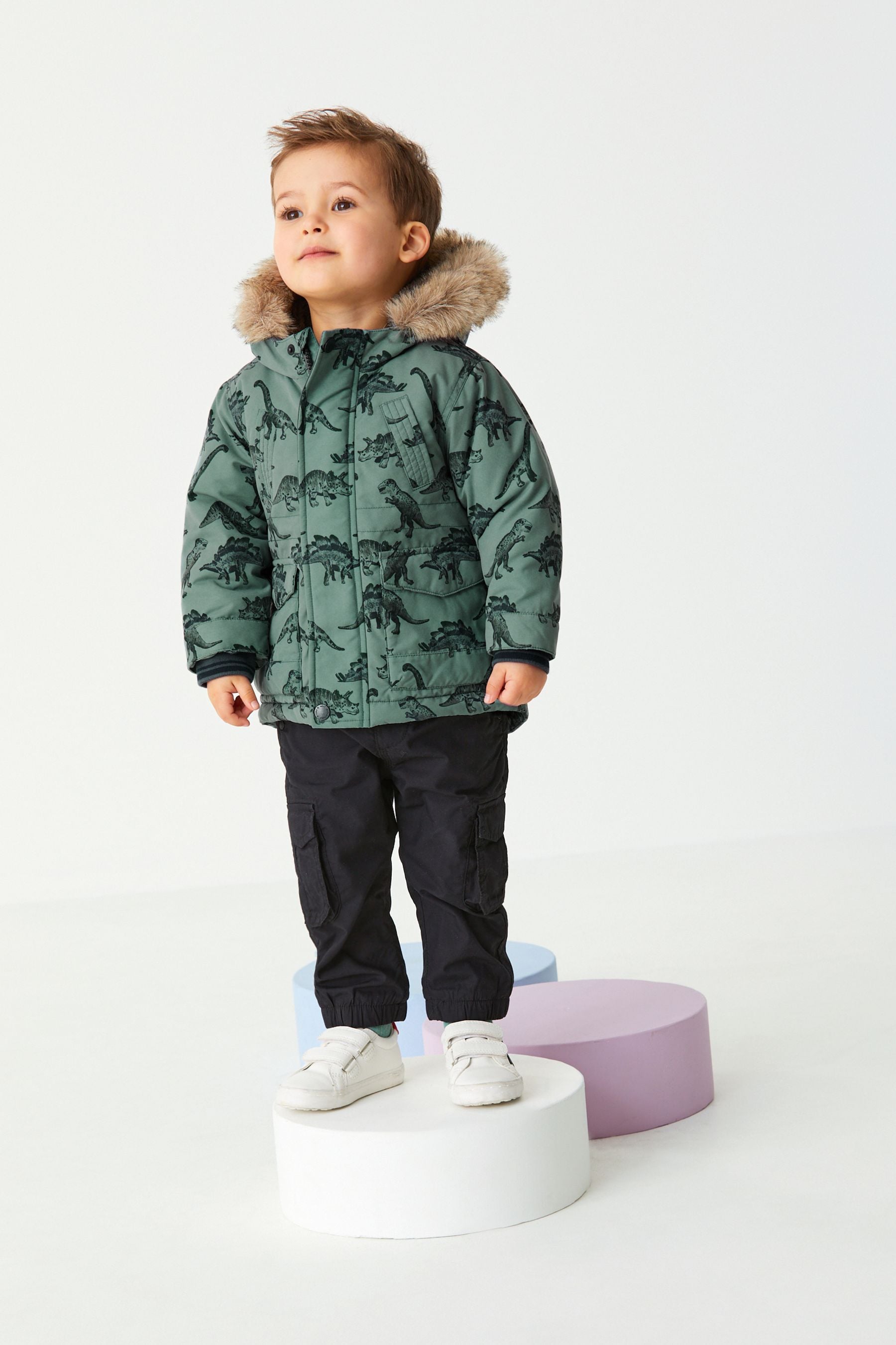 Sage Green Dinosaur Shower Resistant Faux Fur Parka Coat (3mths-7yrs)