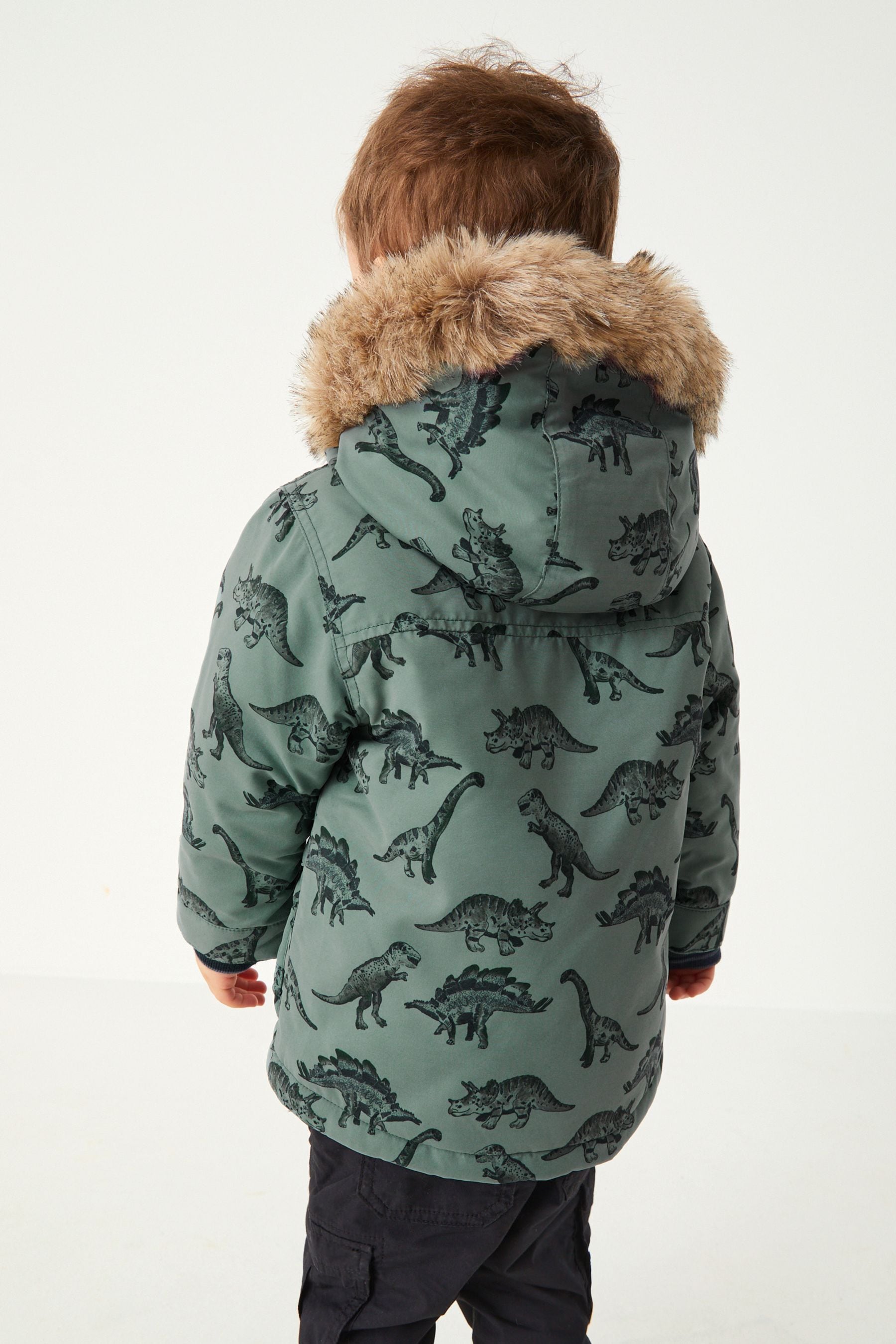 Sage Green Dinosaur Shower Resistant Faux Fur Parka Coat (3mths-7yrs)