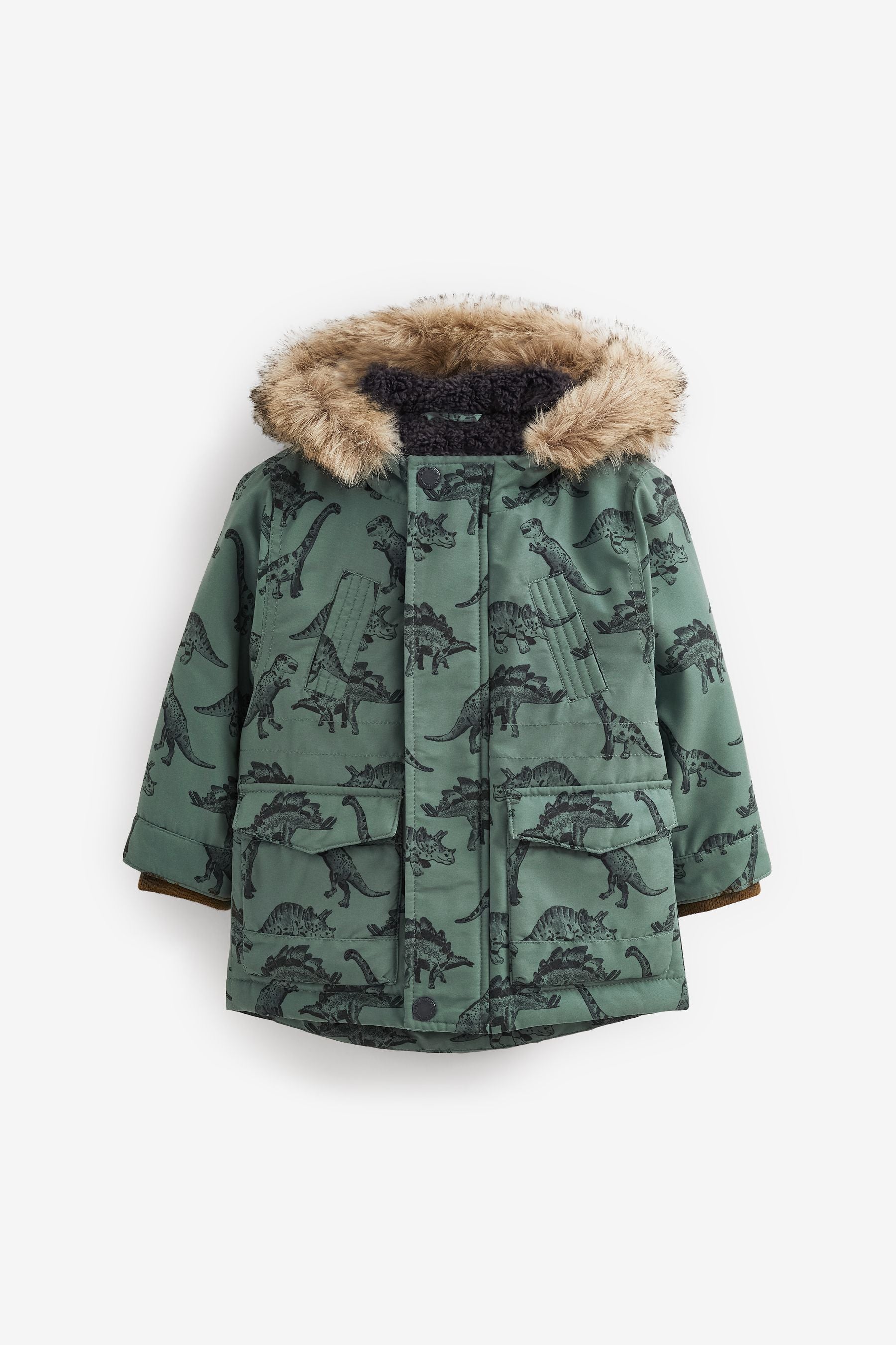 Sage Green Dinosaur Shower Resistant Faux Fur Parka Coat (3mths-7yrs)