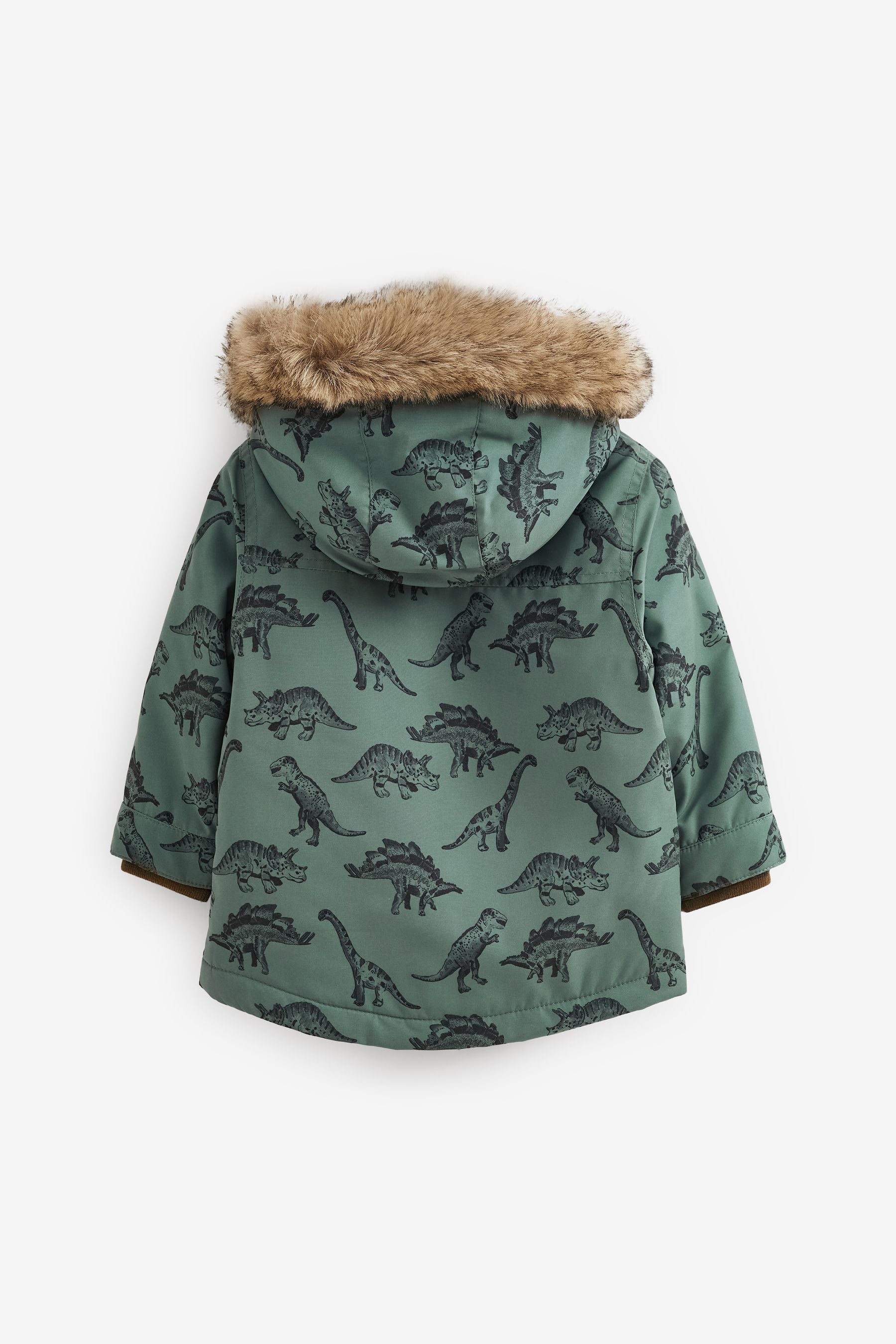 Sage Green Dinosaur Shower Resistant Faux Fur Parka Coat (3mths-7yrs)