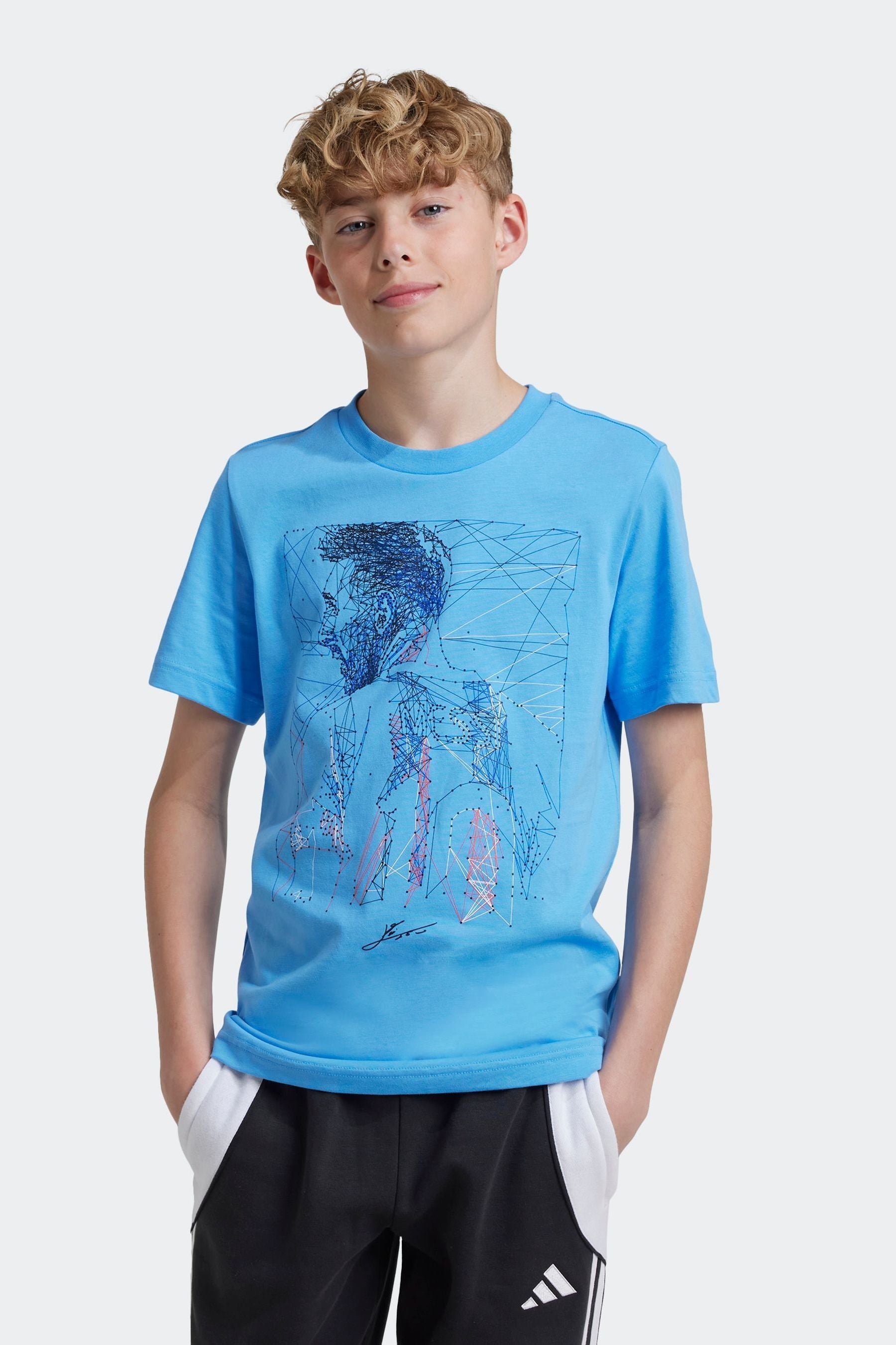 adidas Pale Blue Kids 100% Cotton Messi Football Graphic T-Shirt