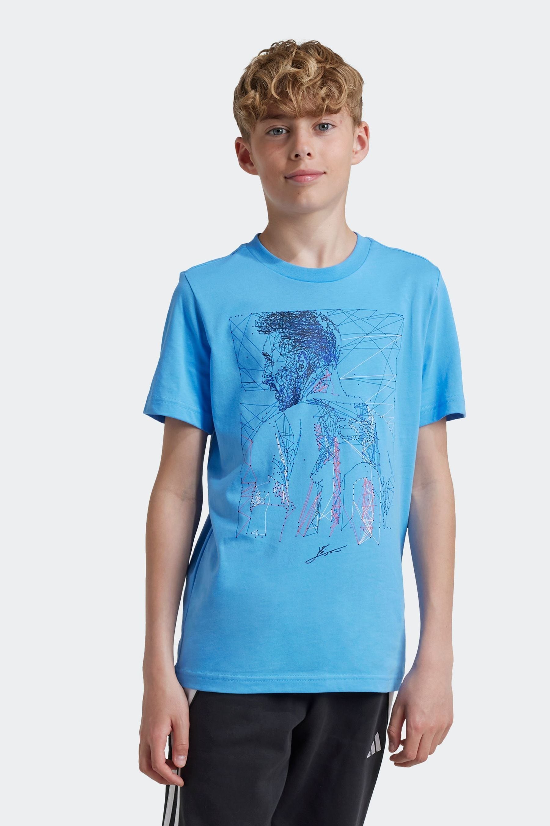 adidas Pale Blue Kids 100% Cotton Messi Football Graphic T-Shirt