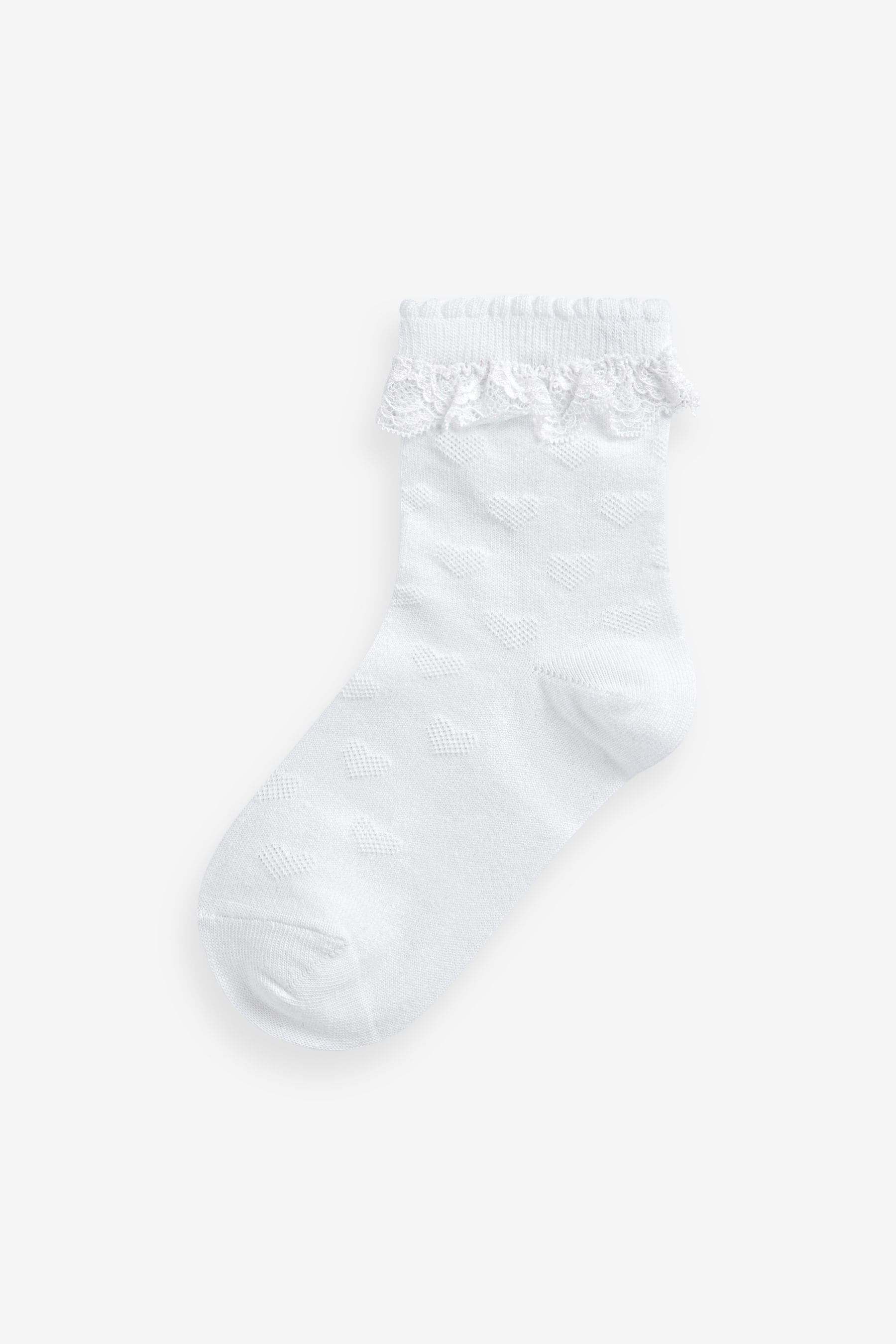 White 5 Pack Cotton Rich Heart Texture Ruffle Ankle Socks