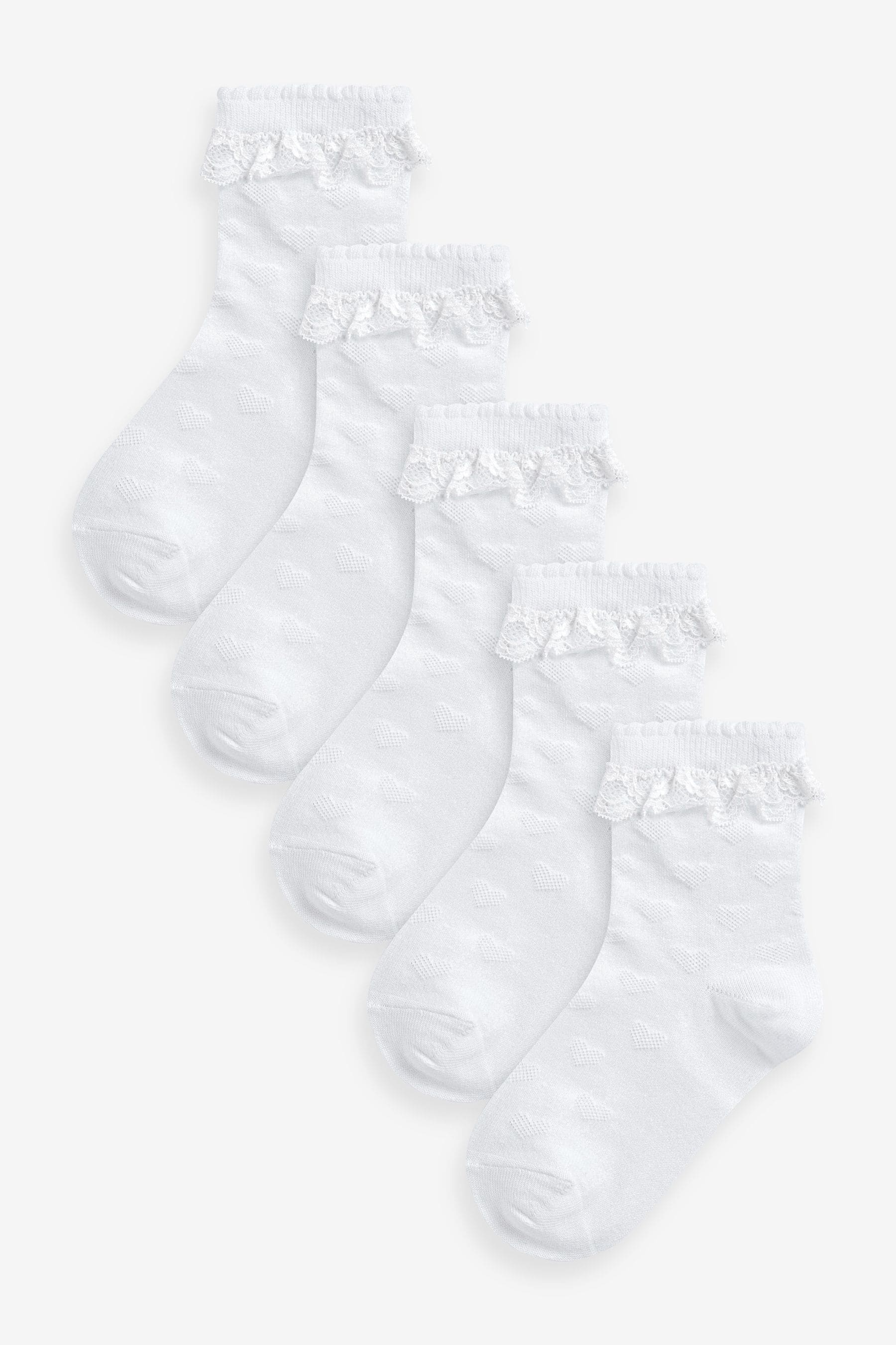 White 5 Pack Cotton Rich Heart Texture Ruffle Ankle Socks