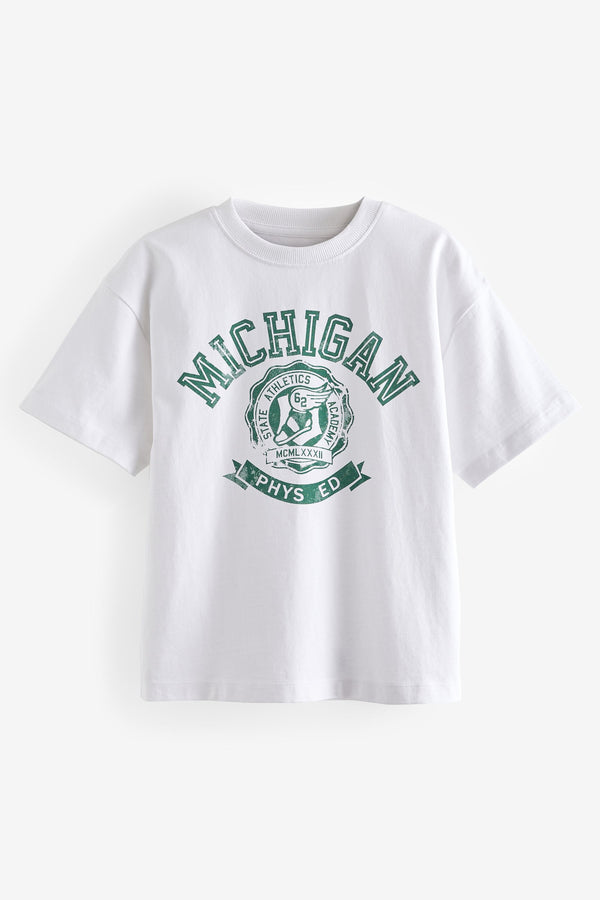 White Michigan 100% Cotton Relaxed Fit Short Sleeve Graphic T-Shirt (3-16yrs)