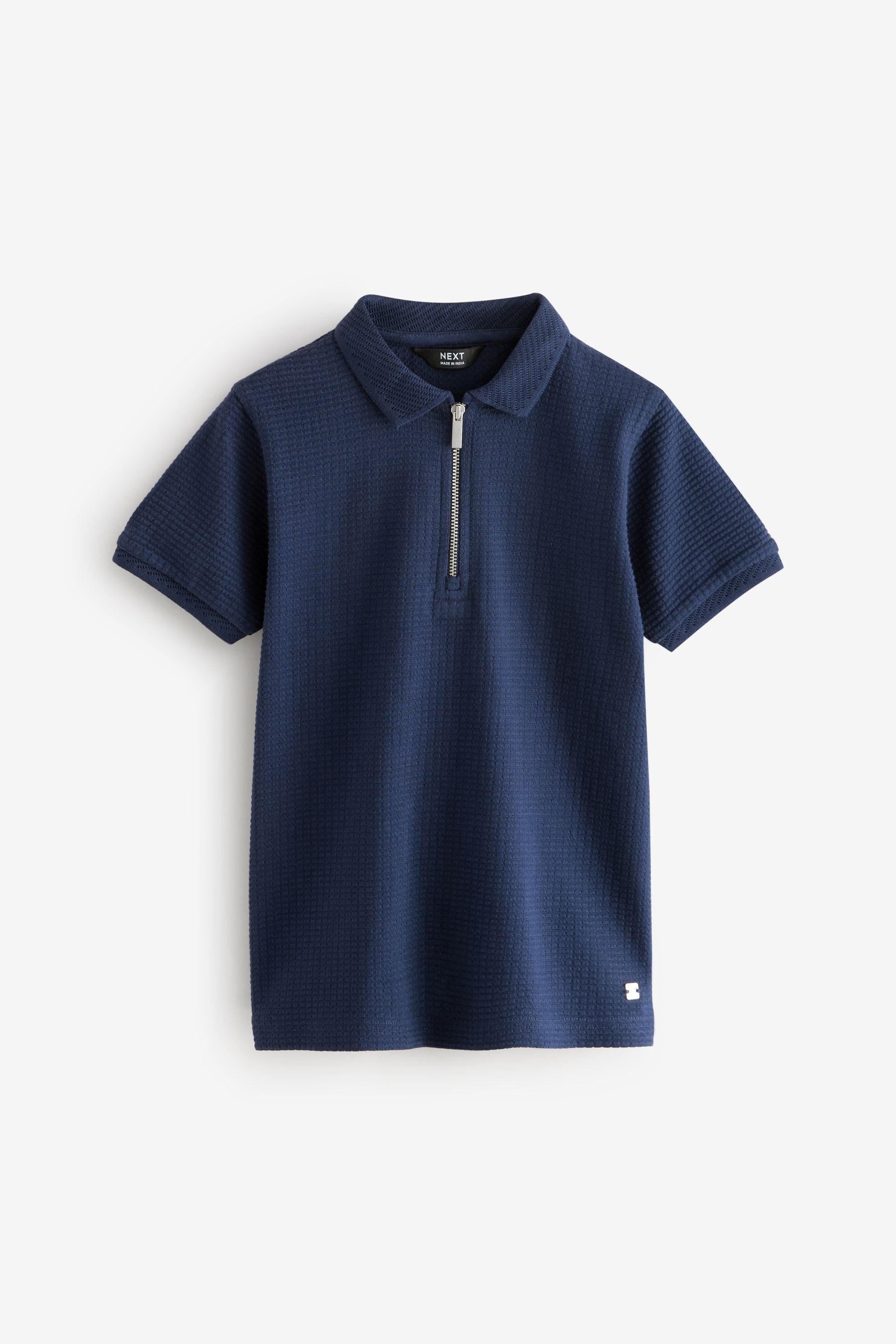 Navy 100% Cotton Textured Short Sleeve Zip Neck Polo Shirt (3-16yrs)