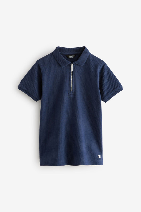 Navy Textured Short Sleeve Quarter Zip 100% Cotton Polo Shirt (3-16yrs)