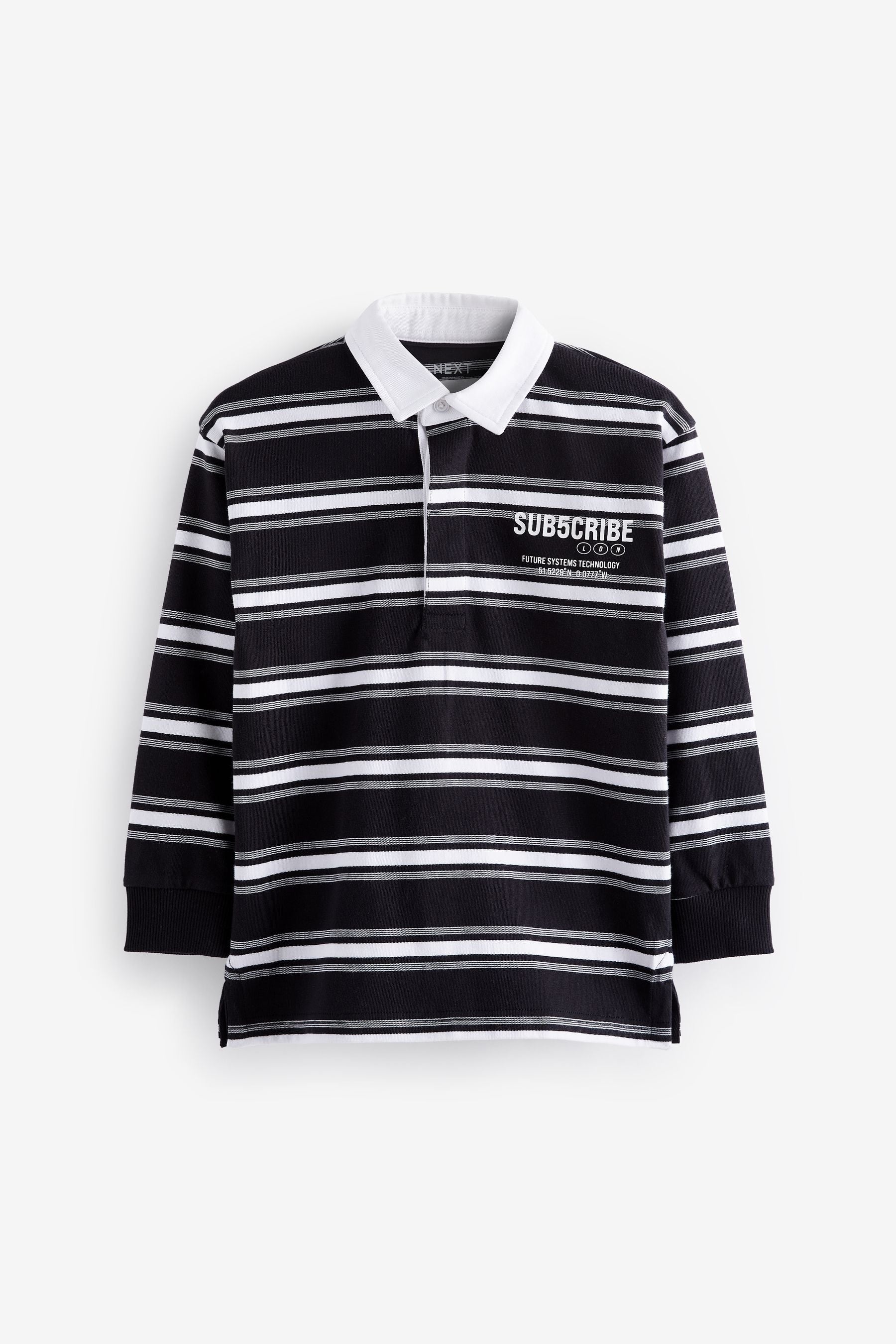 Black/ White Sub5cribe Long Sleeve Rugby 100% Cotton Polo Shirt (3-16yrs)