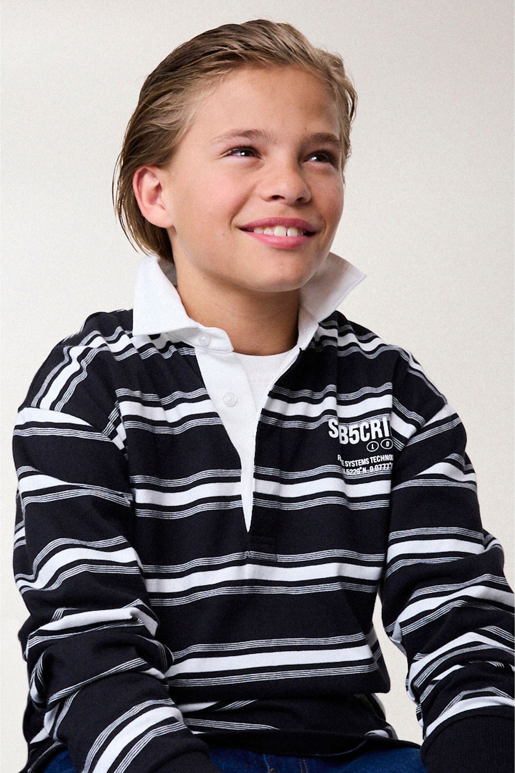 Black/ White Sub5cribe Long Sleeve Rugby 100% Cotton Polo Shirt (3-16yrs)