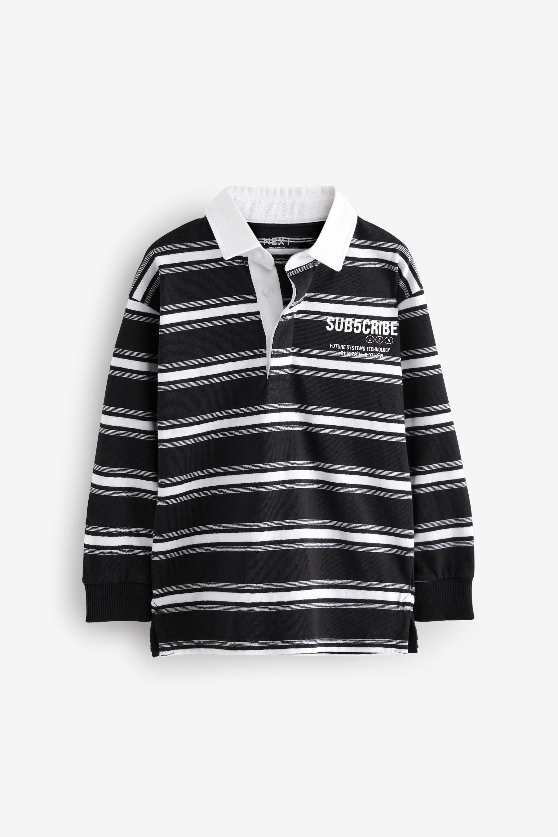 Black/ White Sub5cribe Long Sleeve Rugby 100% Cotton Polo Shirt (3-16yrs)