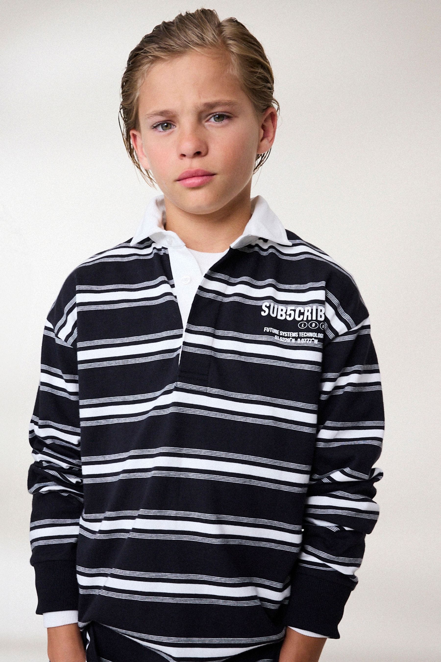 Black/ White Sub5cribe Long Sleeve Rugby 100% Cotton Polo Shirt (3-16yrs)