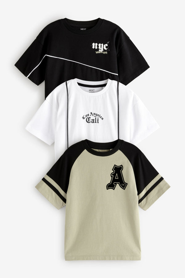 Black/White/Stone Grunge Varsity Relaxed Fit Graphic 100% Cotton Short Sleeve T-Shirts 3 Pack (3-16yrs)