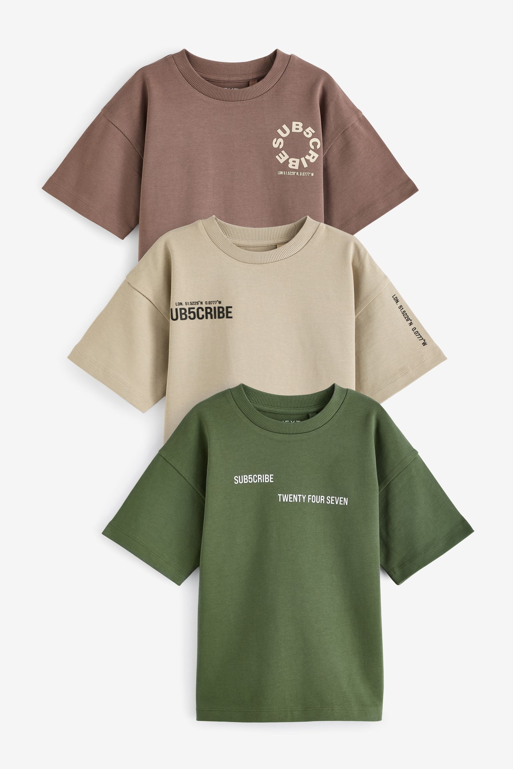 Green/Stone/Mauve Relaxed Fit Heavyweight Short Sleeve Subscribe T-Shirts 3 Pack (3-16yrs)