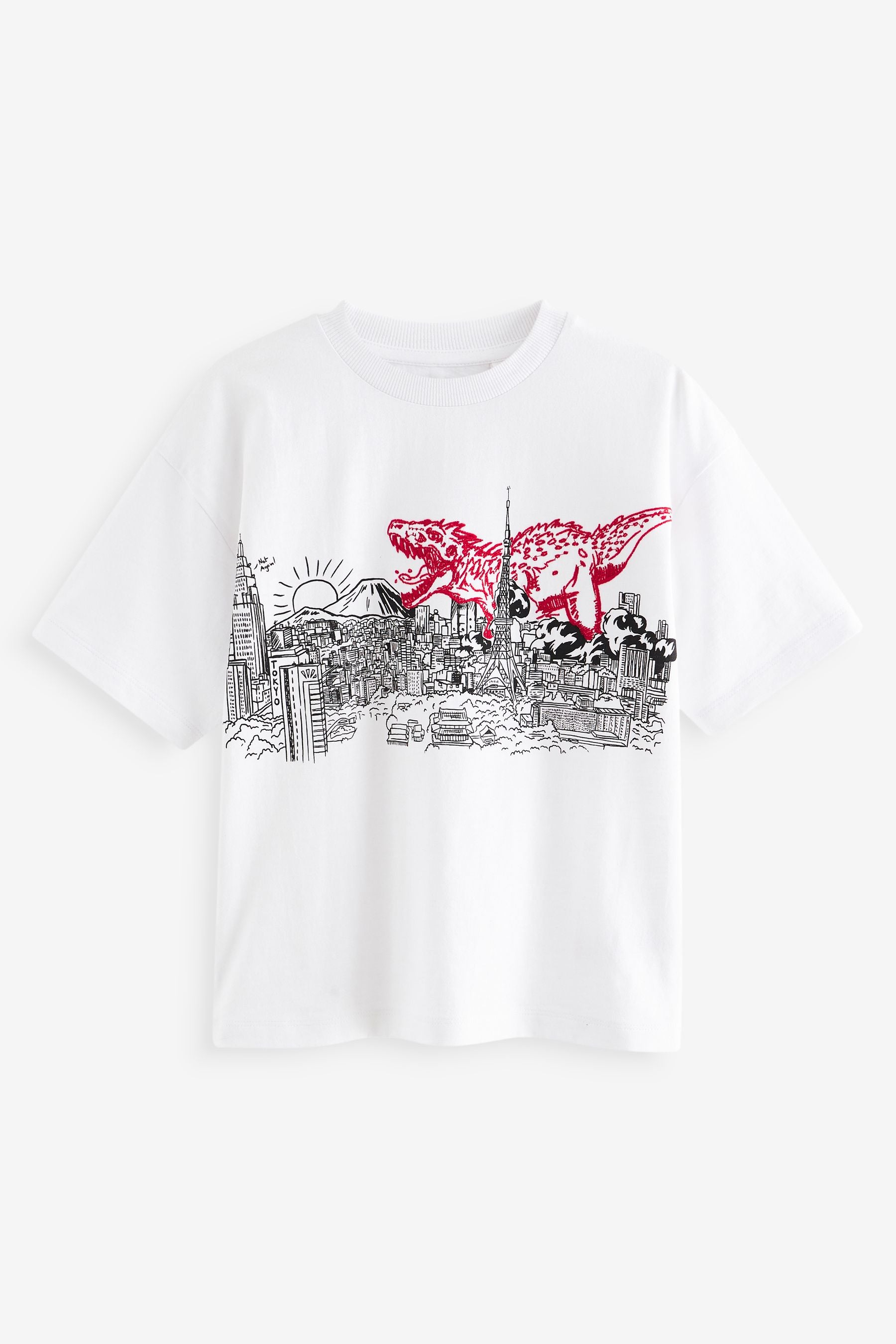 White Dino Embroidery Relaxed Fit Short Sleeve 100% Cotton Graphic T-Shirt (3-16yrs)