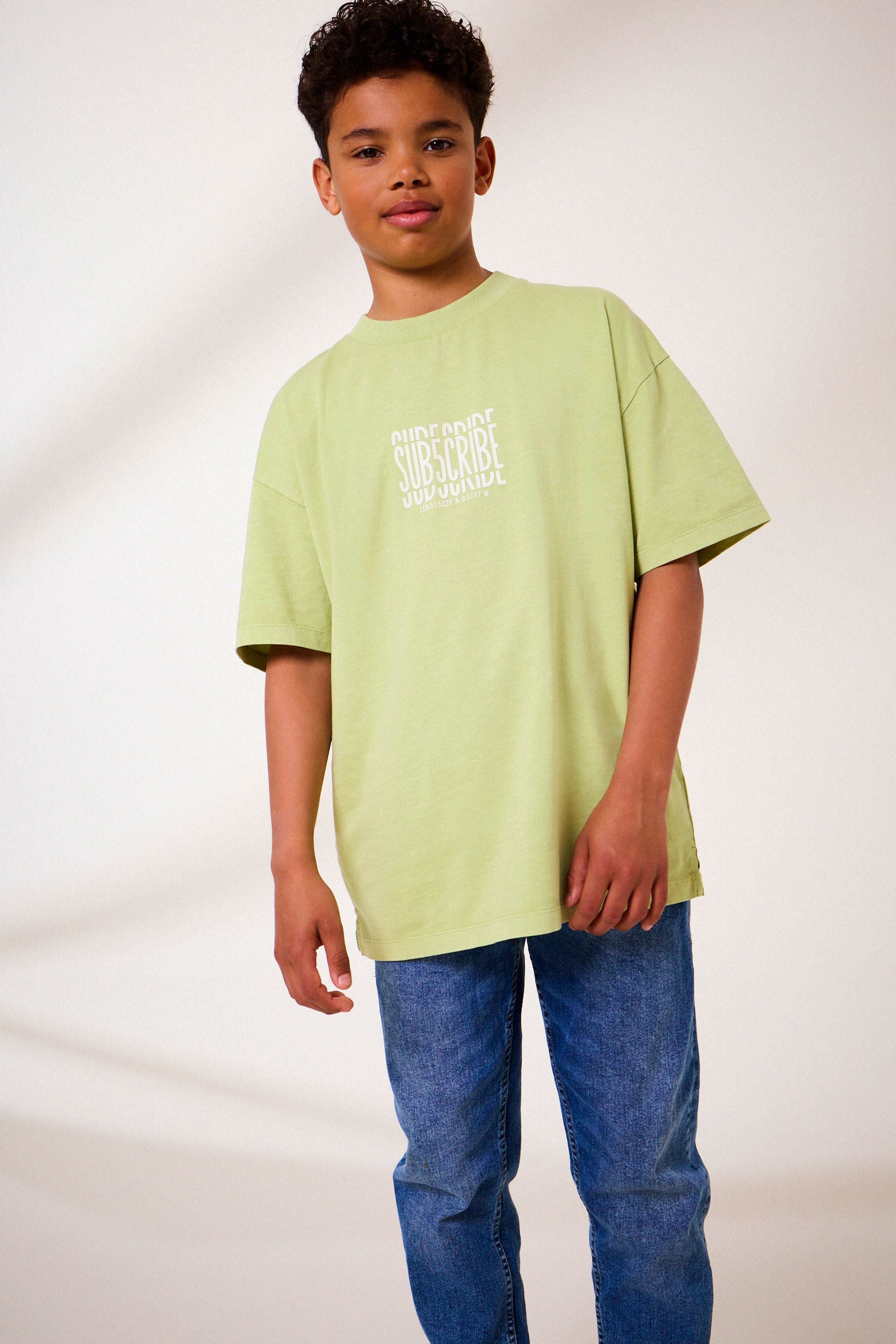 Lime Green Back Print Relaxed Fit 100% Cotton Washed Short Sleeve T-Shirt (3-16yrs)