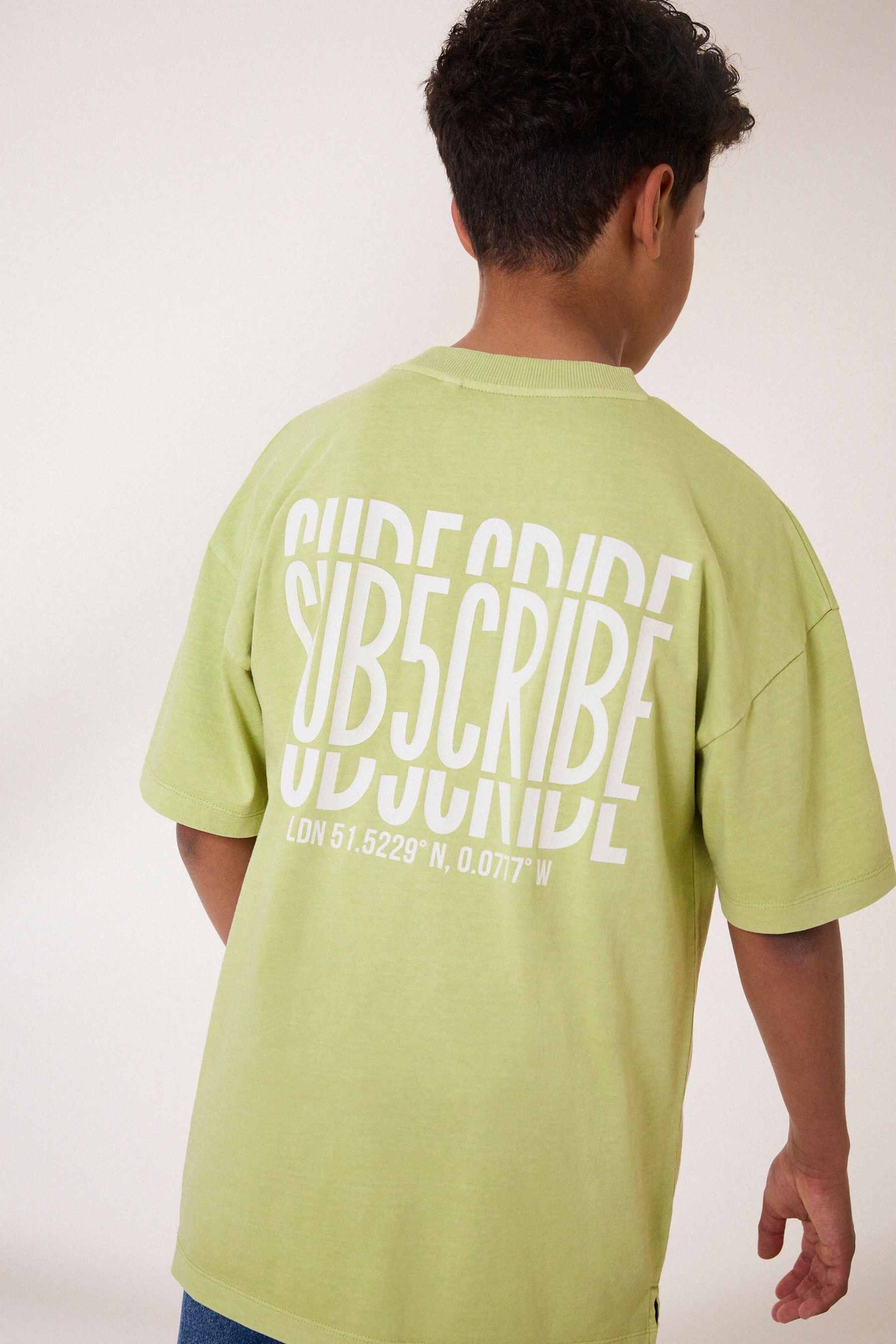 Lime Green Back Print Relaxed Fit 100% Cotton Washed Short Sleeve T-Shirt (3-16yrs)