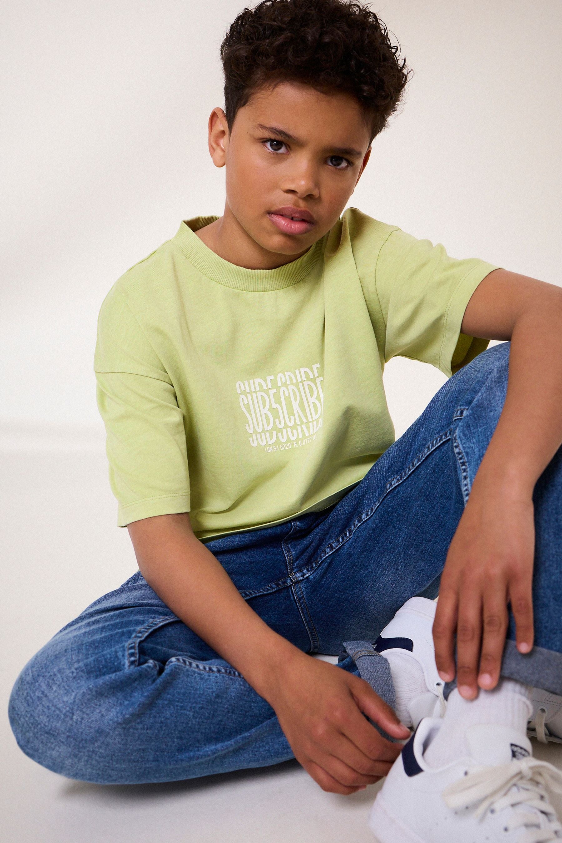 Lime Green Back Print Relaxed Fit 100% Cotton Washed Short Sleeve T-Shirt (3-16yrs)