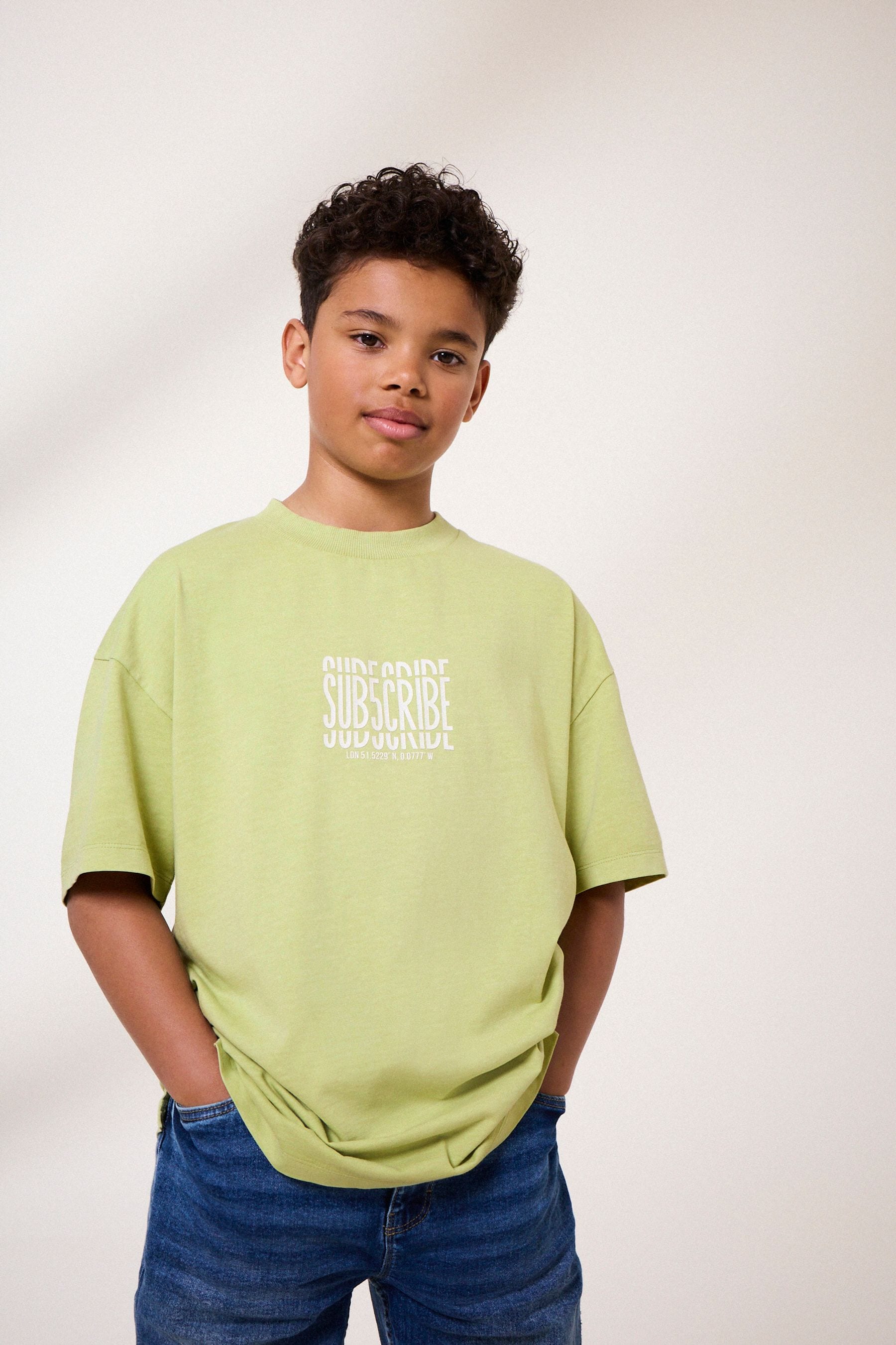 Lime Green Back Print Relaxed Fit 100% Cotton Washed Short Sleeve T-Shirt (3-16yrs)