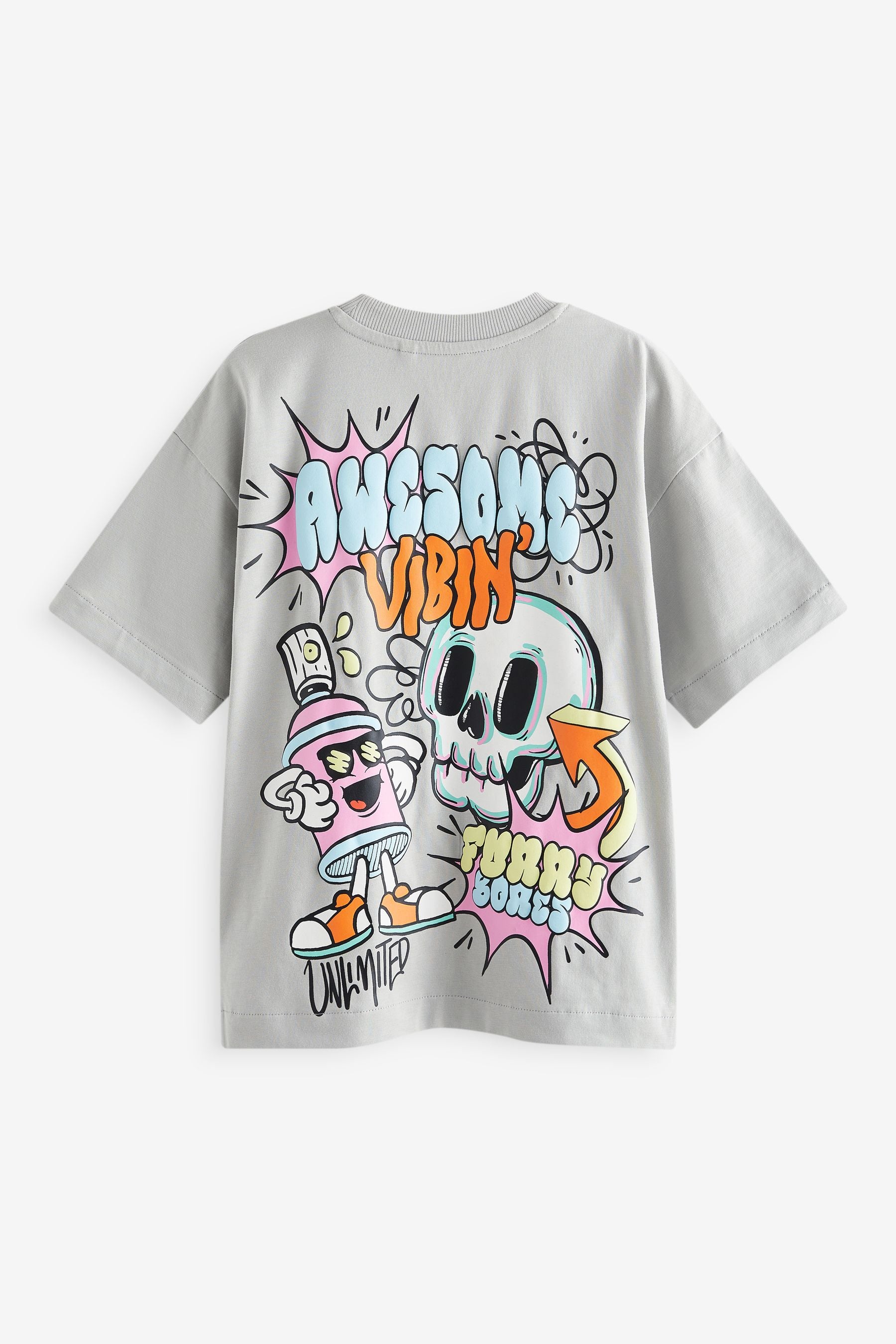 Grey Graffiti Back Print Relaxed Fit Short Sleeve 100% Cotton Graphic T-Shirt (3-16yrs)