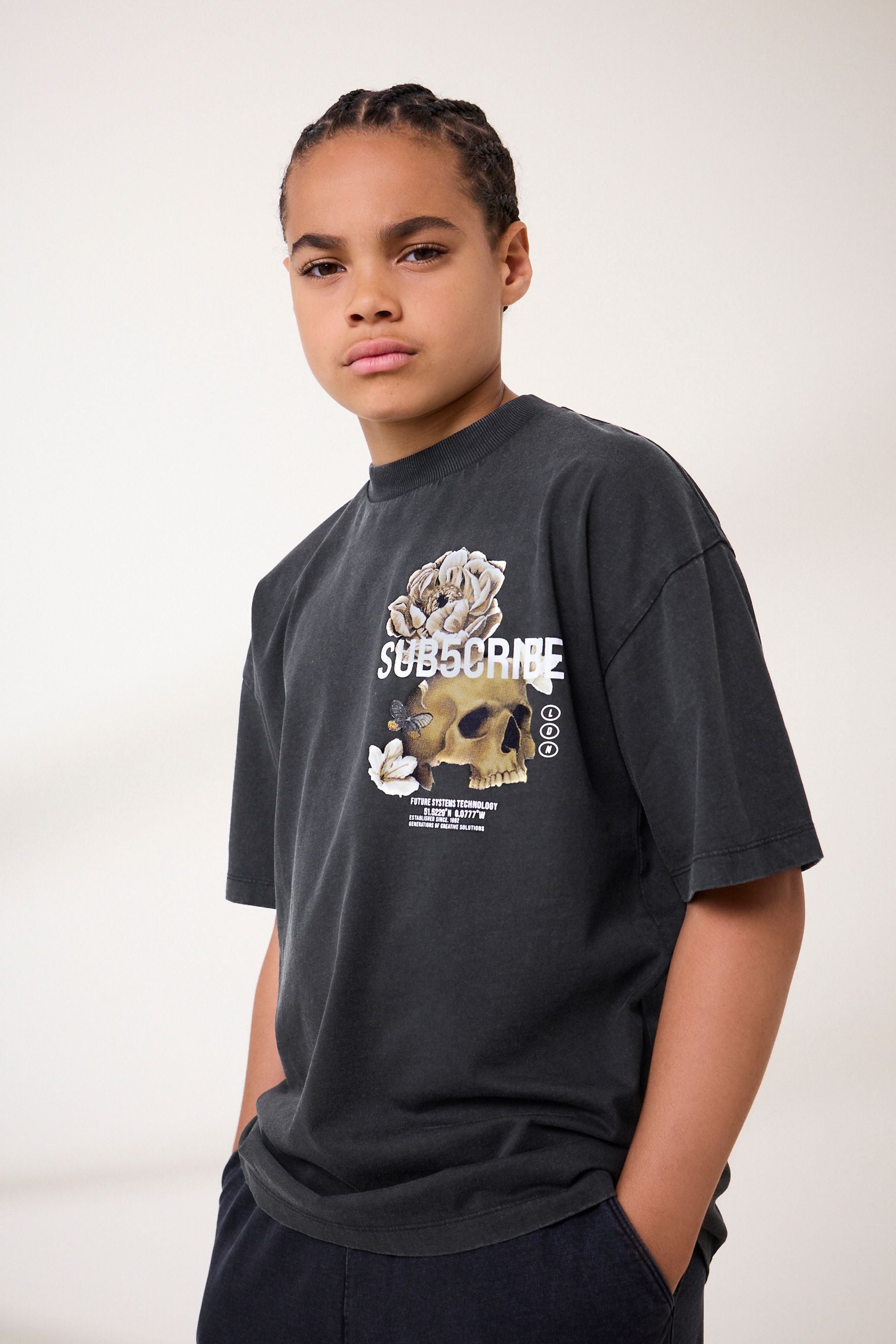 Grey Washed Relaxed Fit 100% Cotton Short Sleeve Subscribe Graphic T-Shirt (3-16yrs)