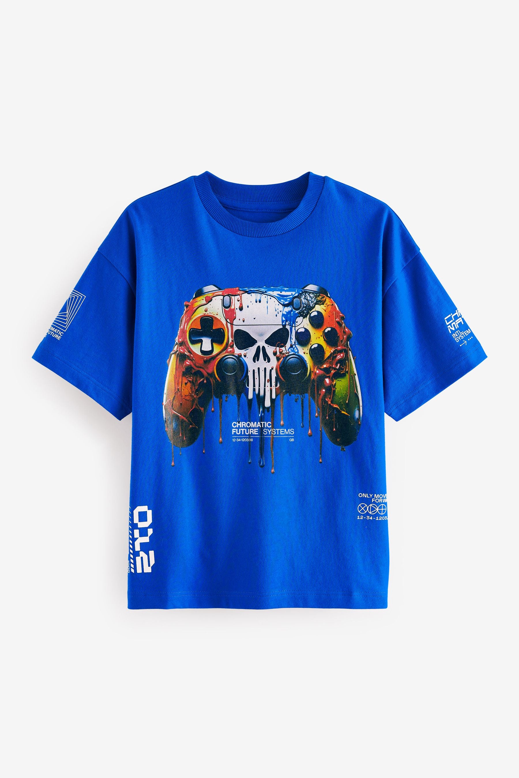 Cobalt Blue Skull Controller Relaxed Fit Short Sleeve 100% Cotton Graphic T-Shirt (3-16yrs)