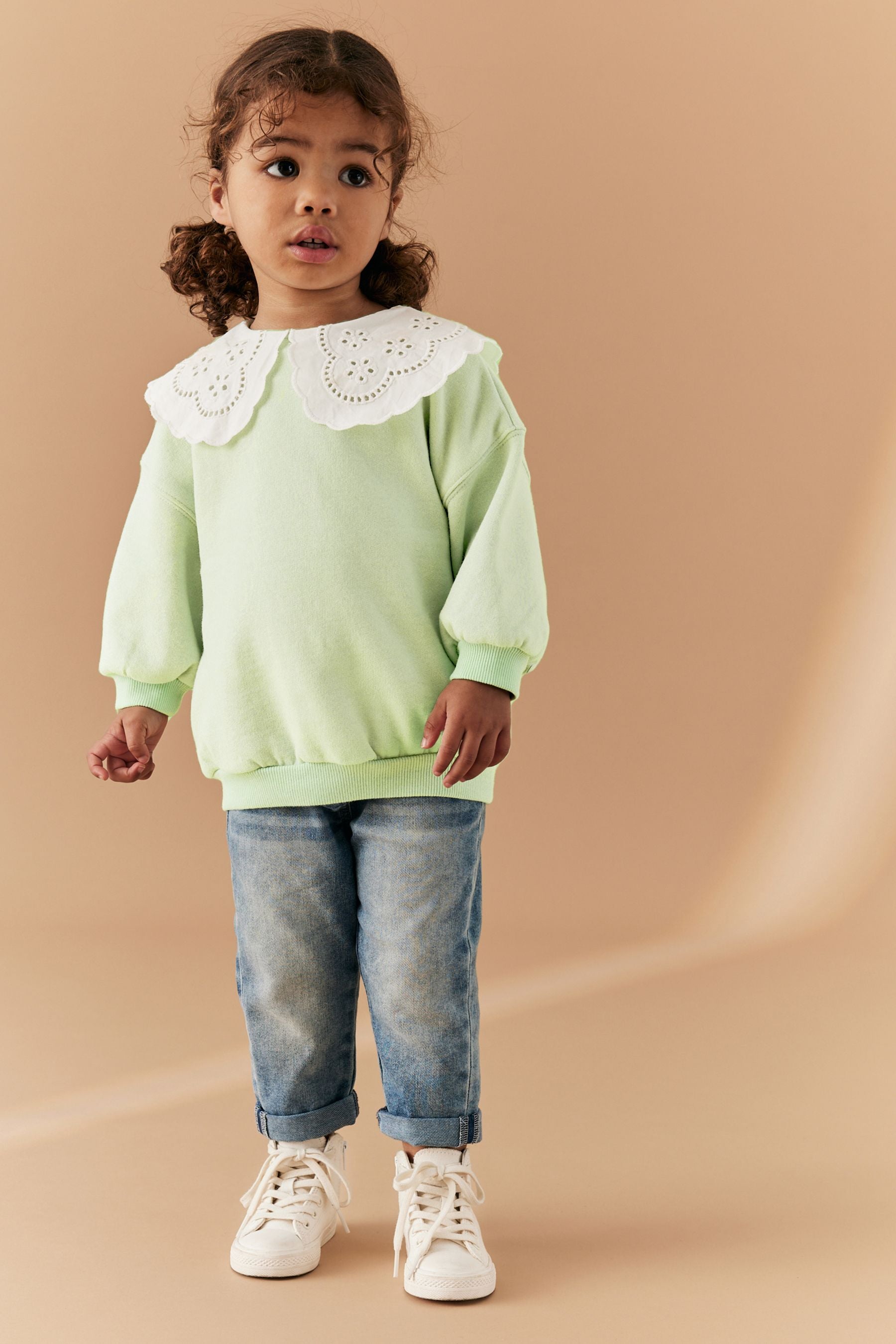 Mint Green Broderie Collar Crew Sweatshirt (3mths-7yrs)