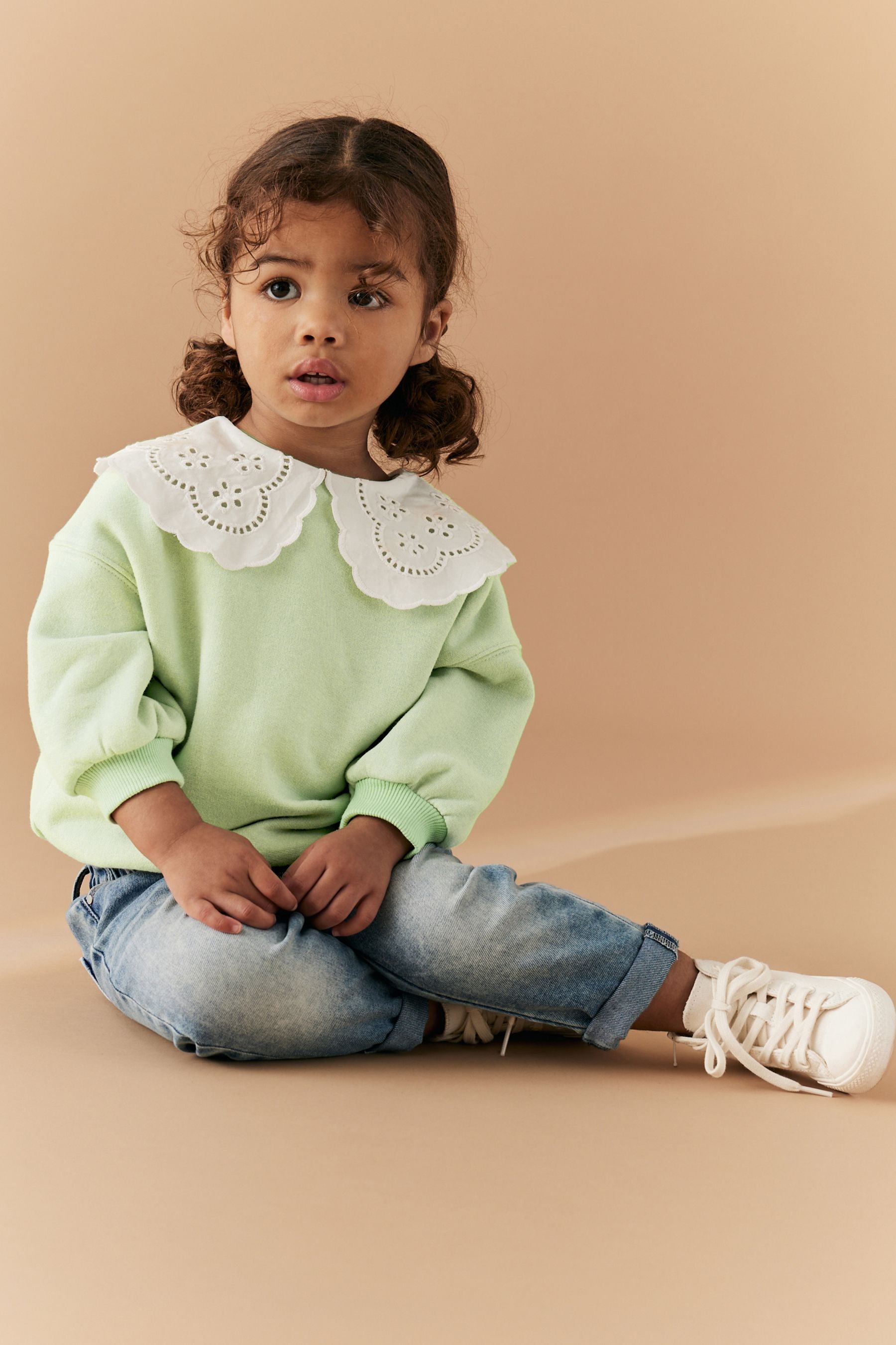 Mint Green Broderie Collar Crew Sweatshirt (3mths-7yrs)