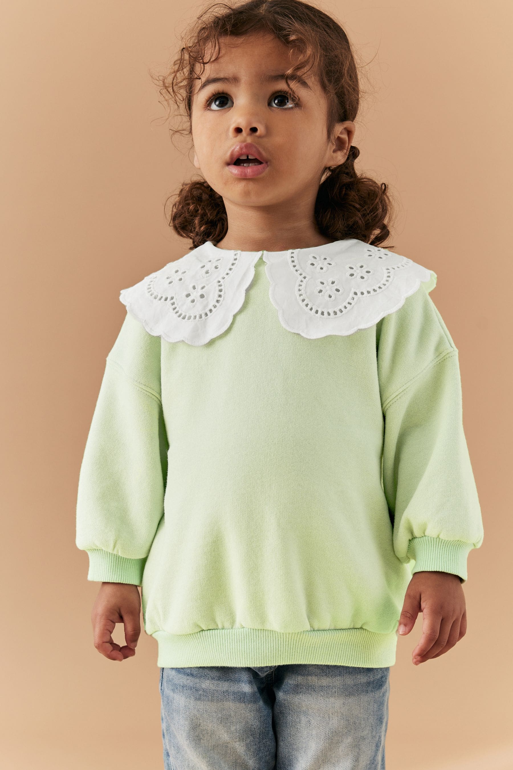 Mint Green Broderie Collar Crew Sweatshirt (3mths-7yrs)