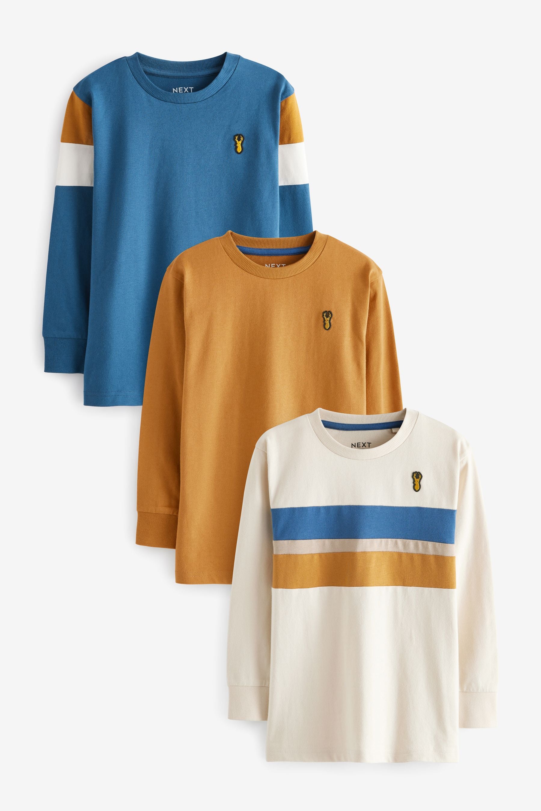 Ochre Yellow/Cream 100% Cotton Long Sleeve Colourblock T-Shirts 3 Pack (3-16yrs)