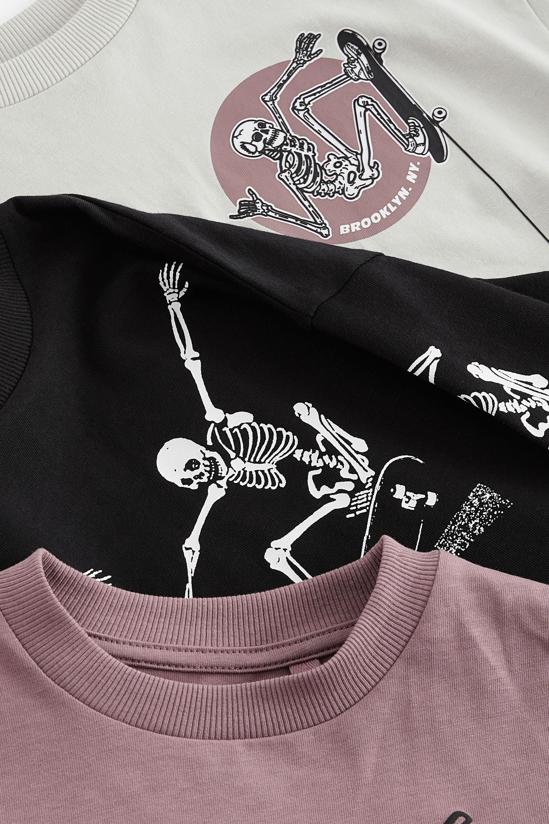 Purple/ Stone/ Black Skeleton Graphic 100% Cotton Long Sleeve T-Shirts 3 Pack (3-16yrs)