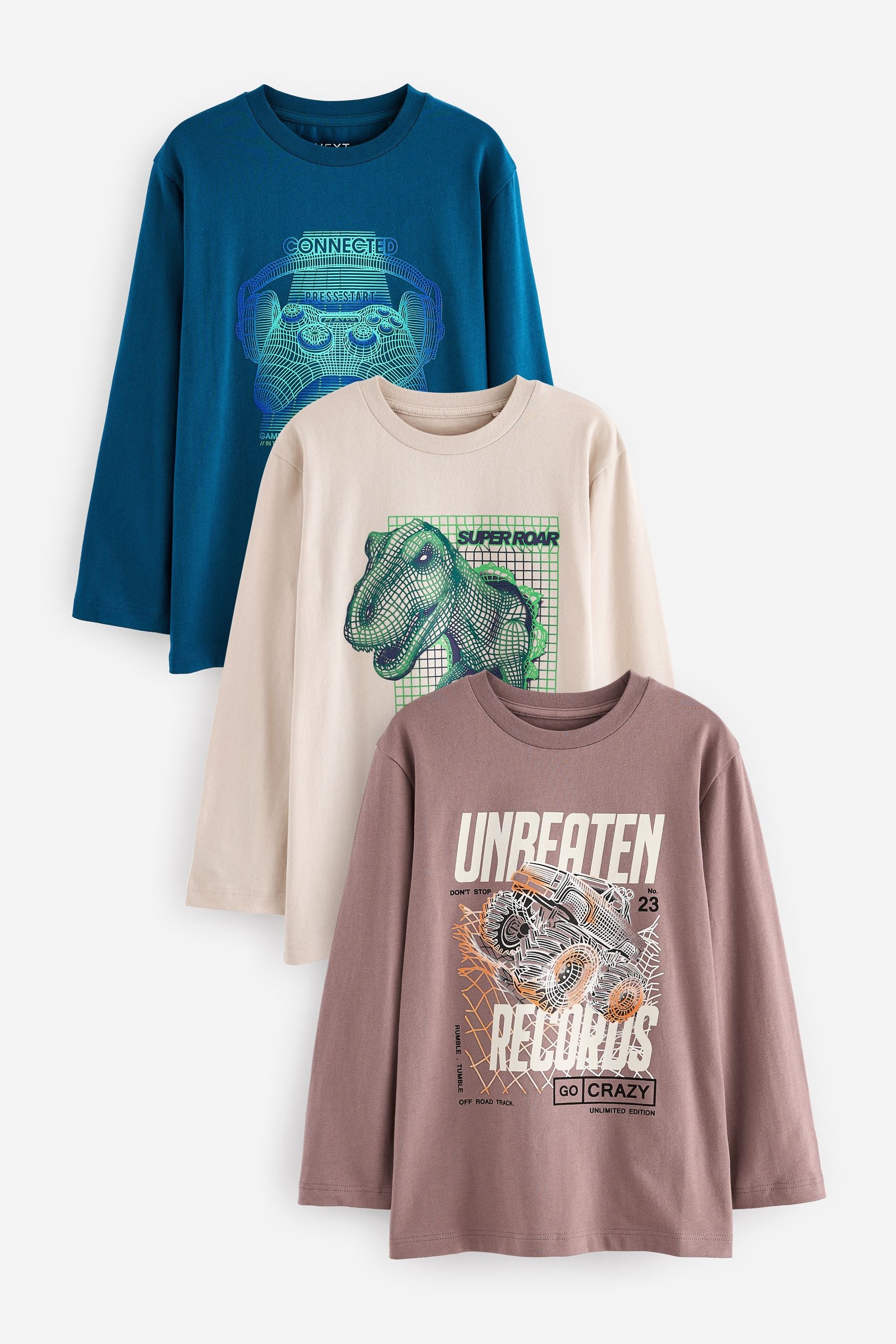 Blue Dino Graphic Long Sleeve T-Shirts 3 Pack (3-16yrs)