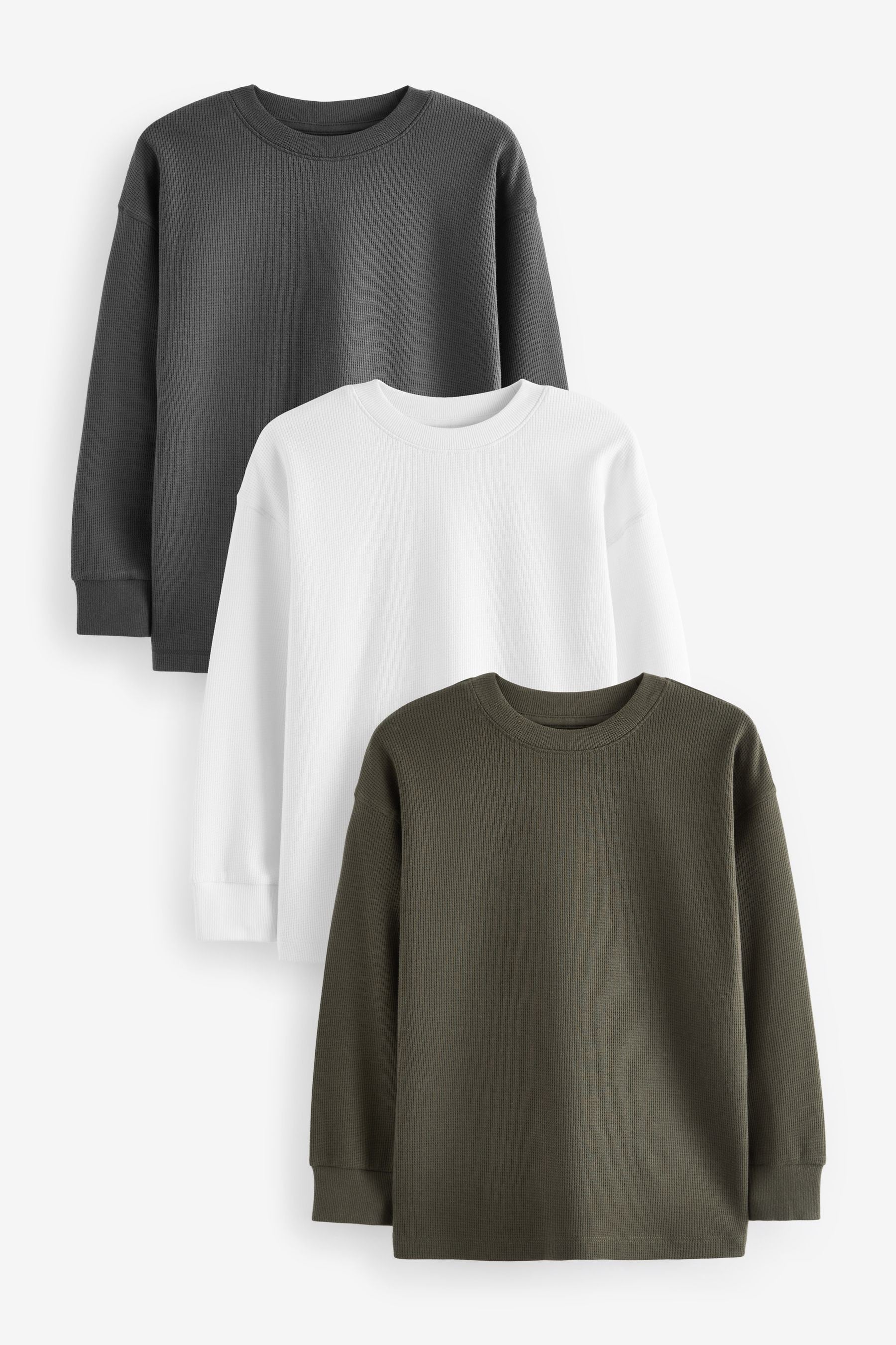 Khaki Green/ Charcoal/ White Long Sleeve Textured T-Shirts 3 Pack (3-16yrs)