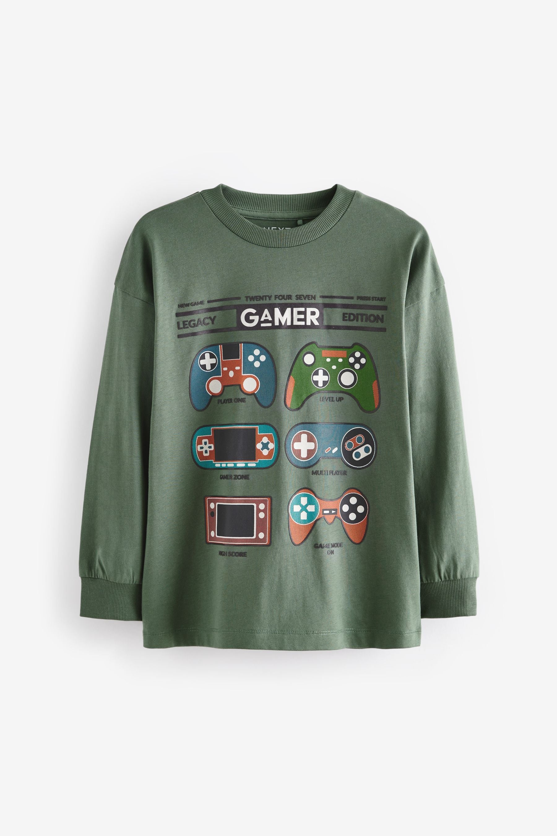 Green/Blue Gaming Graphic 100% Cotton Long Sleeve T-Shirts 3 Pack (3-16yrs)