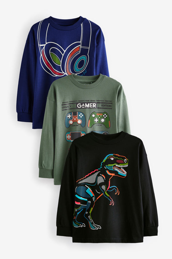 Green/Blue Gaming Graphic 100% Cotton Long Sleeve T-Shirts 3 Pack (3-16yrs)