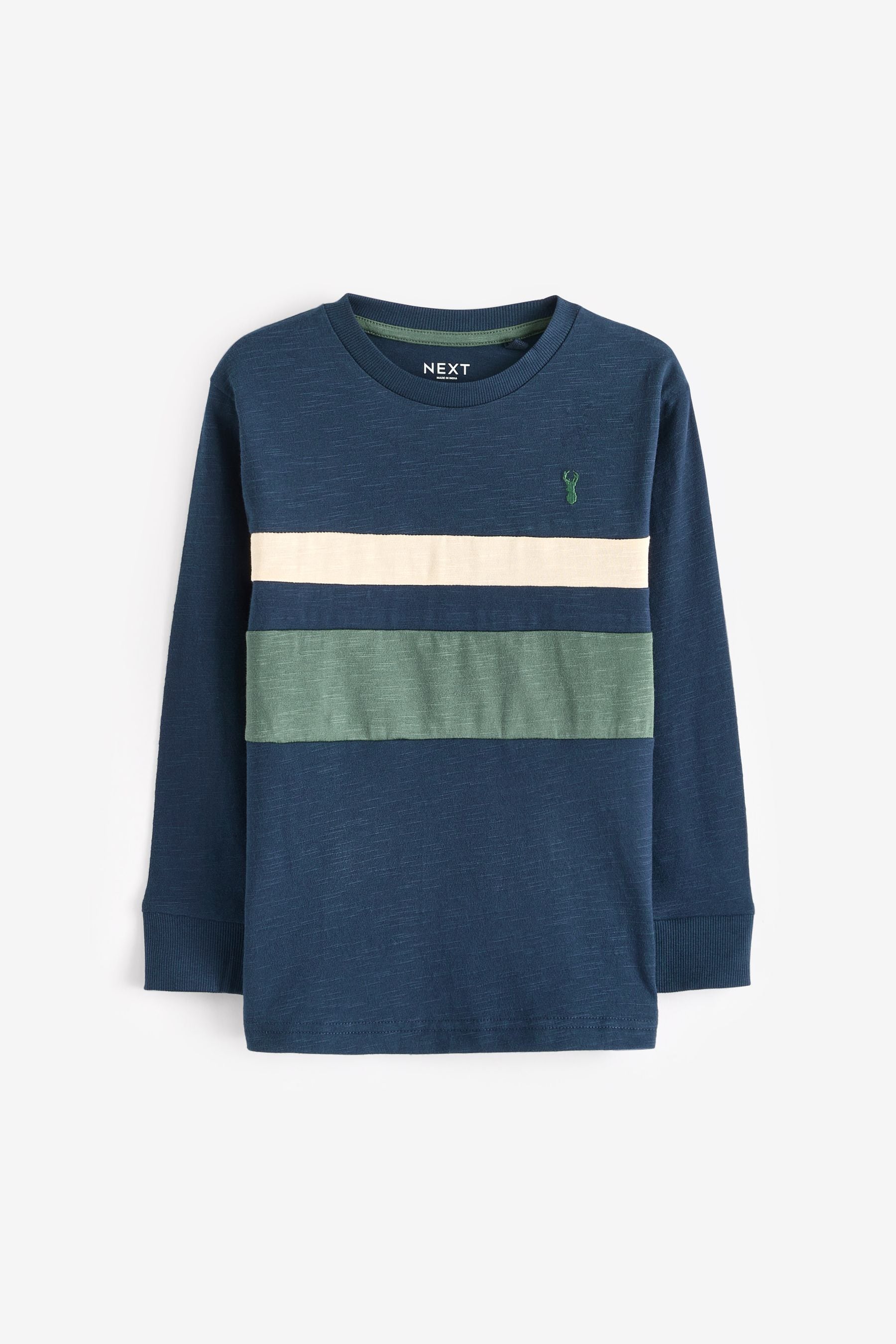 Green/Navy Blue Colourblock 100% Cotton Long Sleeve T-Shirts 3 Pack (3-16yrs)