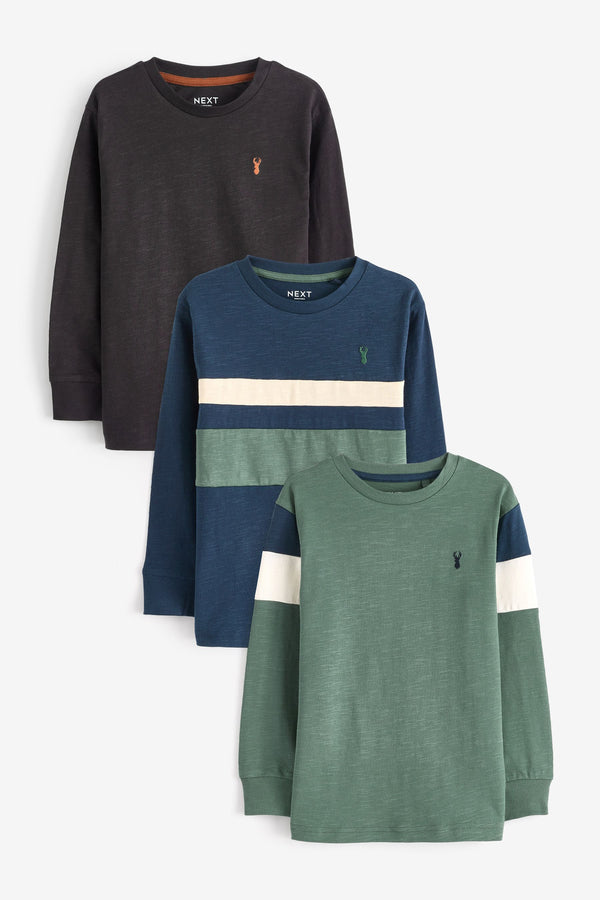 Green/Navy Blue Colourblock 100% Cotton Long Sleeve T-Shirts 3 Pack (3-16yrs)