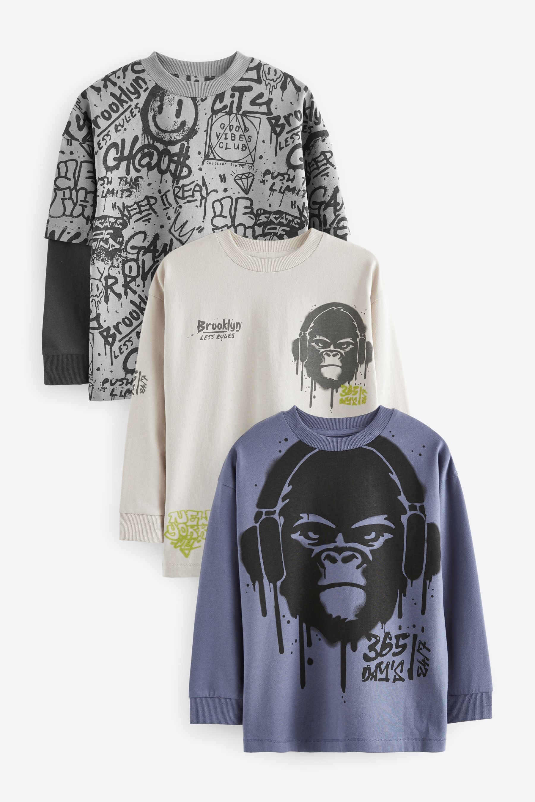 Blue/ Grey/ Cream Gorilla Graphic 100% Cotton Long Sleeve T-Shirts 3 Pack (3-16yrs)