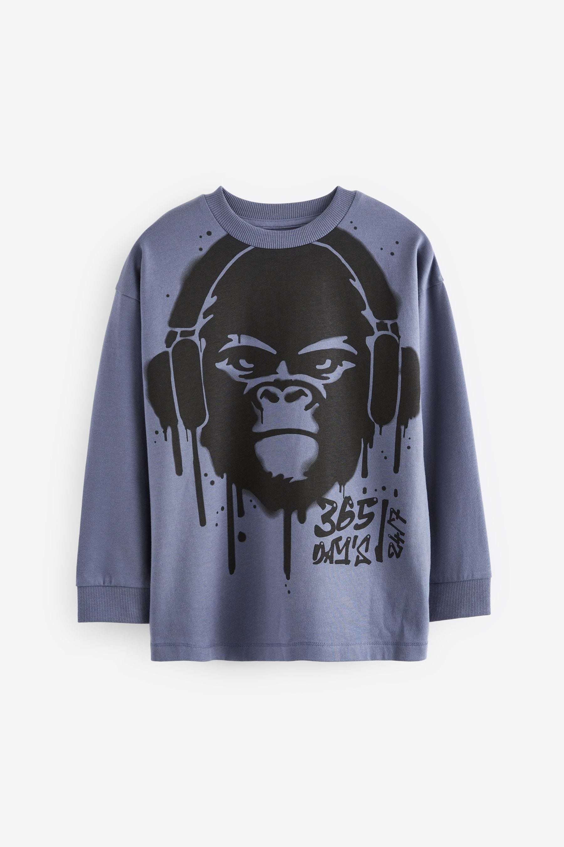 Blue/ Grey/ Cream Gorilla Graphic 100% Cotton Long Sleeve T-Shirts 3 Pack (3-16yrs)