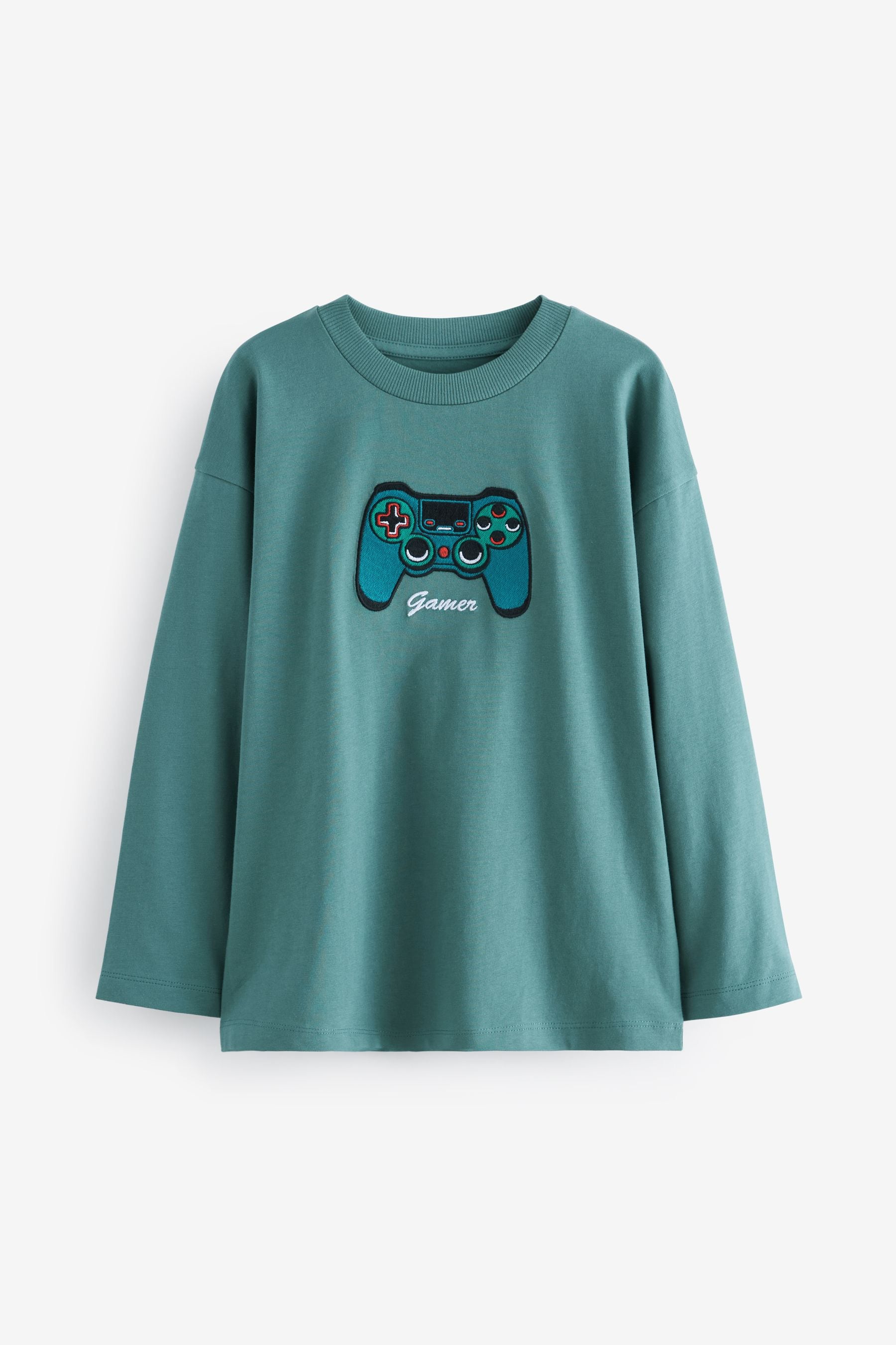 Green Controller Embroidery Long Sleeve Graphic 100% Cotton T-Shirt (3-16yrs)