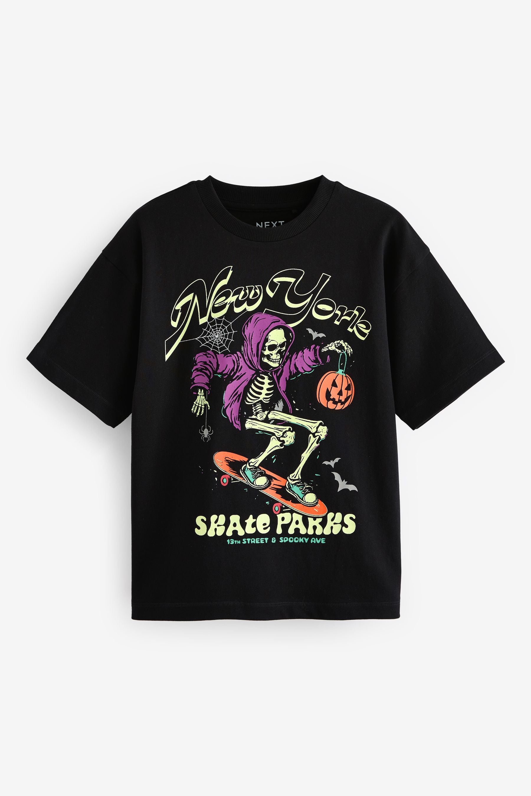 Black Halloween Skeleton Relaxed Fit Graphic 100% Cotton Short Sleeve T-Shirt (3-16yrs)