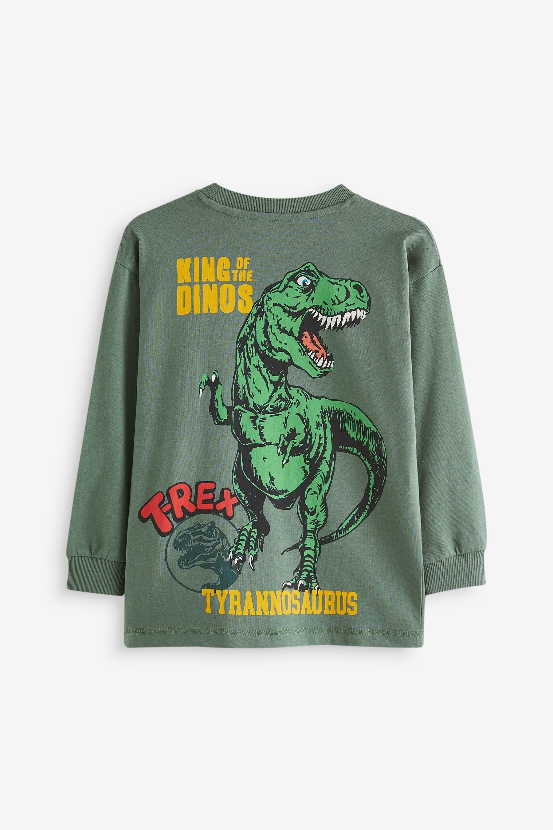 Khaki Green Dino Back Print Long Sleeve Graphic 100% Cotton T-Shirt (3-16yrs)