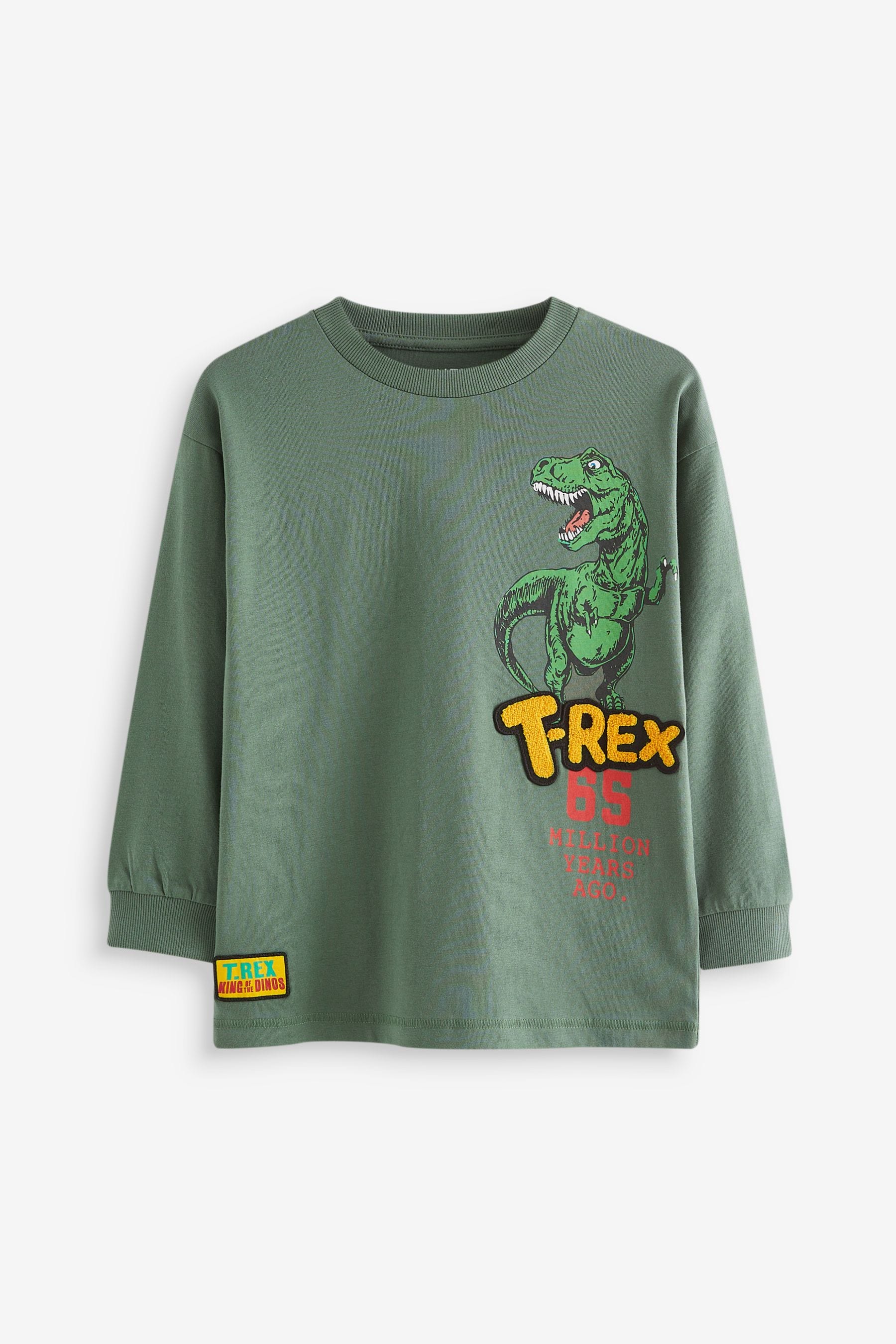 Khaki Green Dino Back Print Long Sleeve Graphic 100% Cotton T-Shirt (3-16yrs)