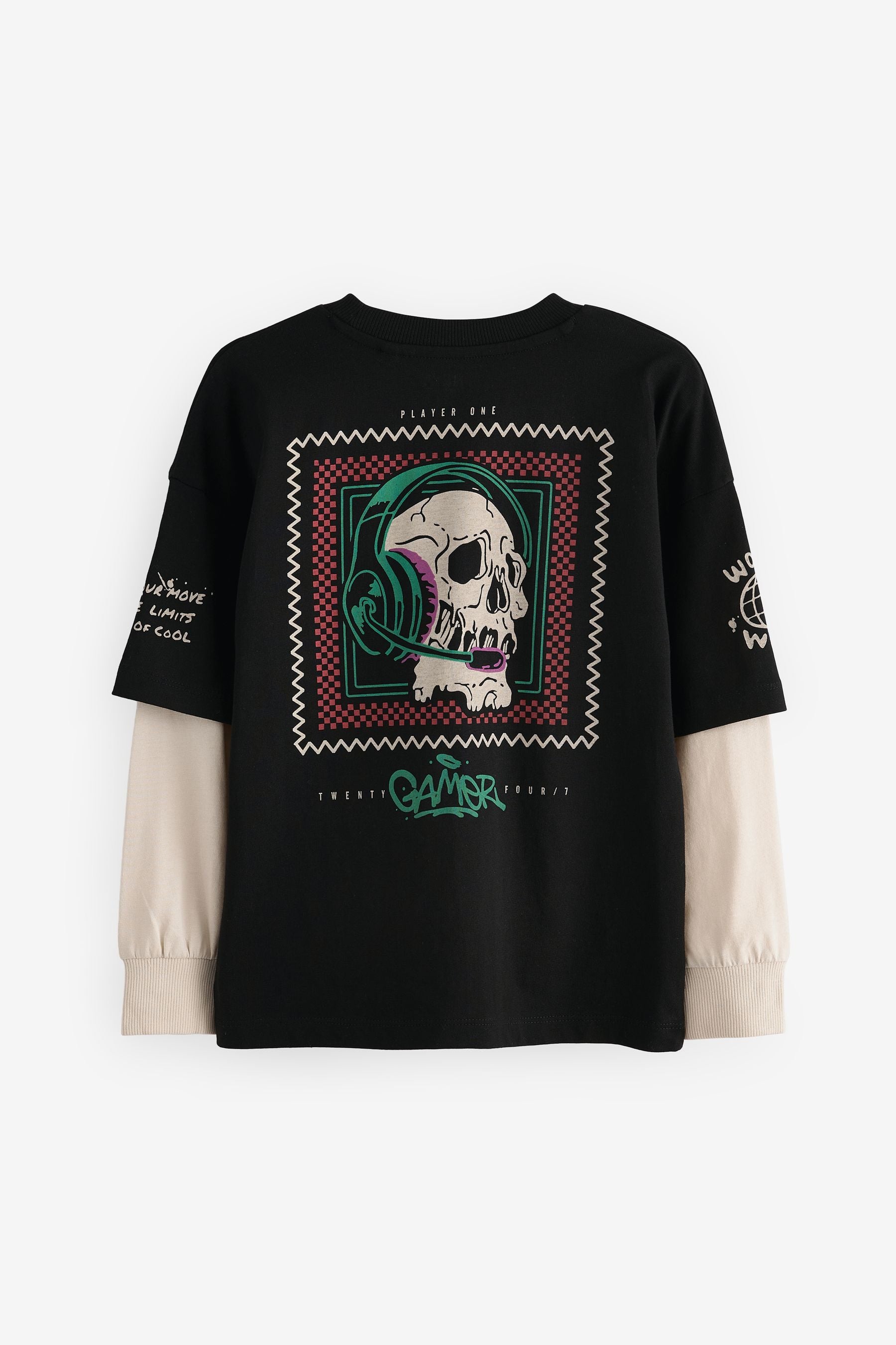 Black Skull Skate Long Sleeve 100% Cotton T-Shirt (3-16yrs)